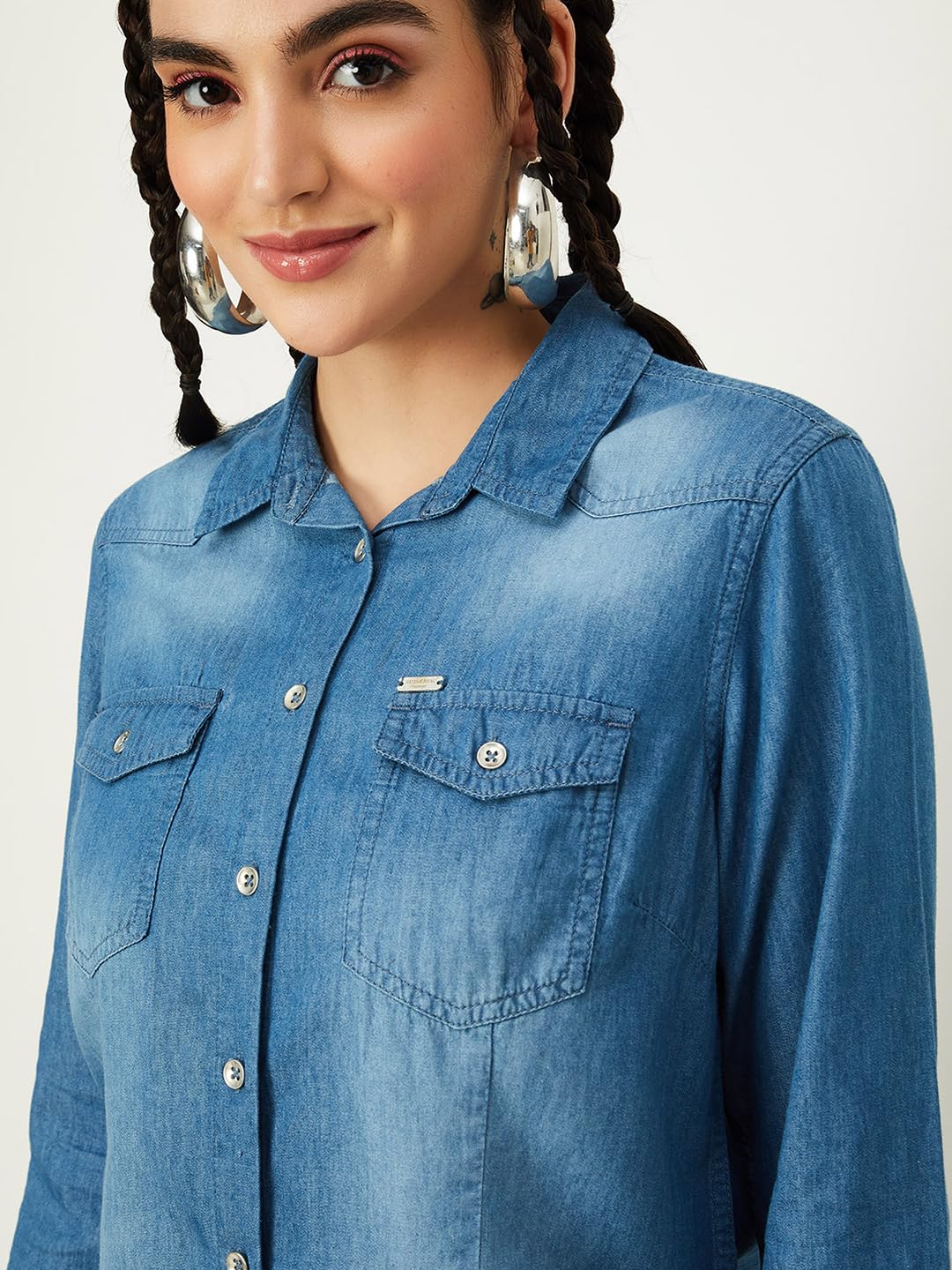 Max Women Washed Denim Shirt (ATTICUS1DMID Blue)_XS