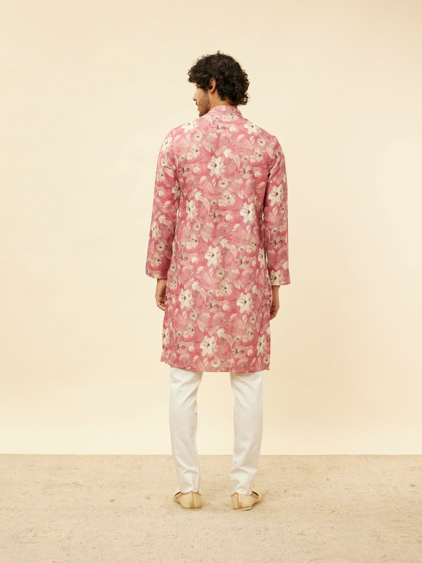 Manyavar Men's Coral Pink Floral Printed Kurta (L)
