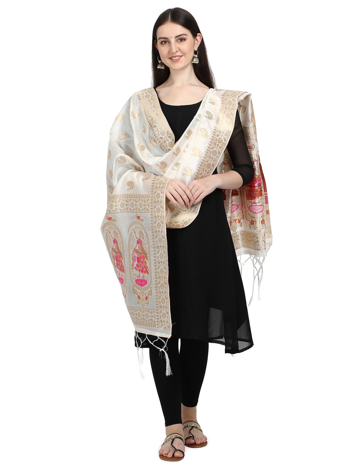 DEVANGI Women's Woven Banarasi Silk Zari Dupatta/Chunni, Width 1 Meter, Length 2.5 Meter (OM-DT-05-WHITE)