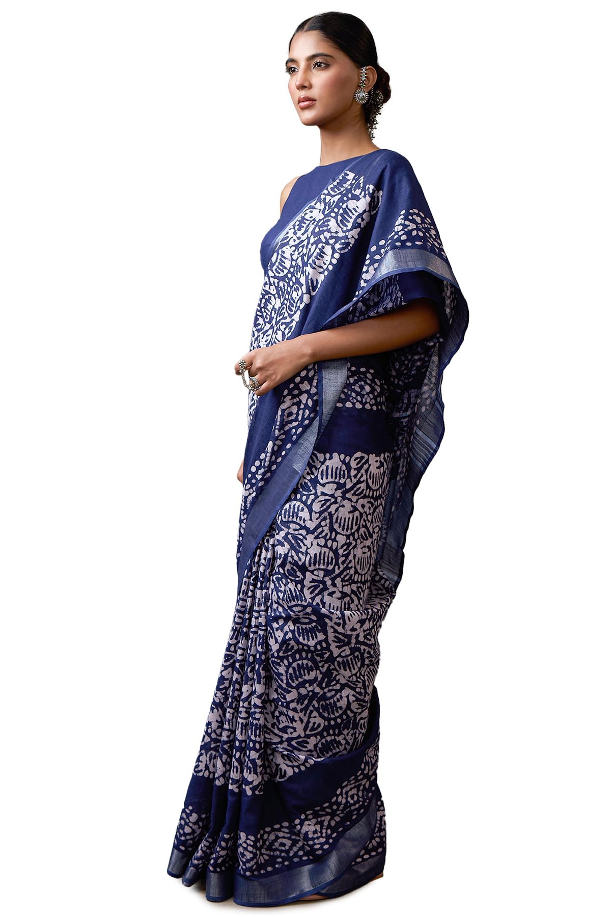 Soch Womens Navy Blue Linen Batik Print Saree With Tassels