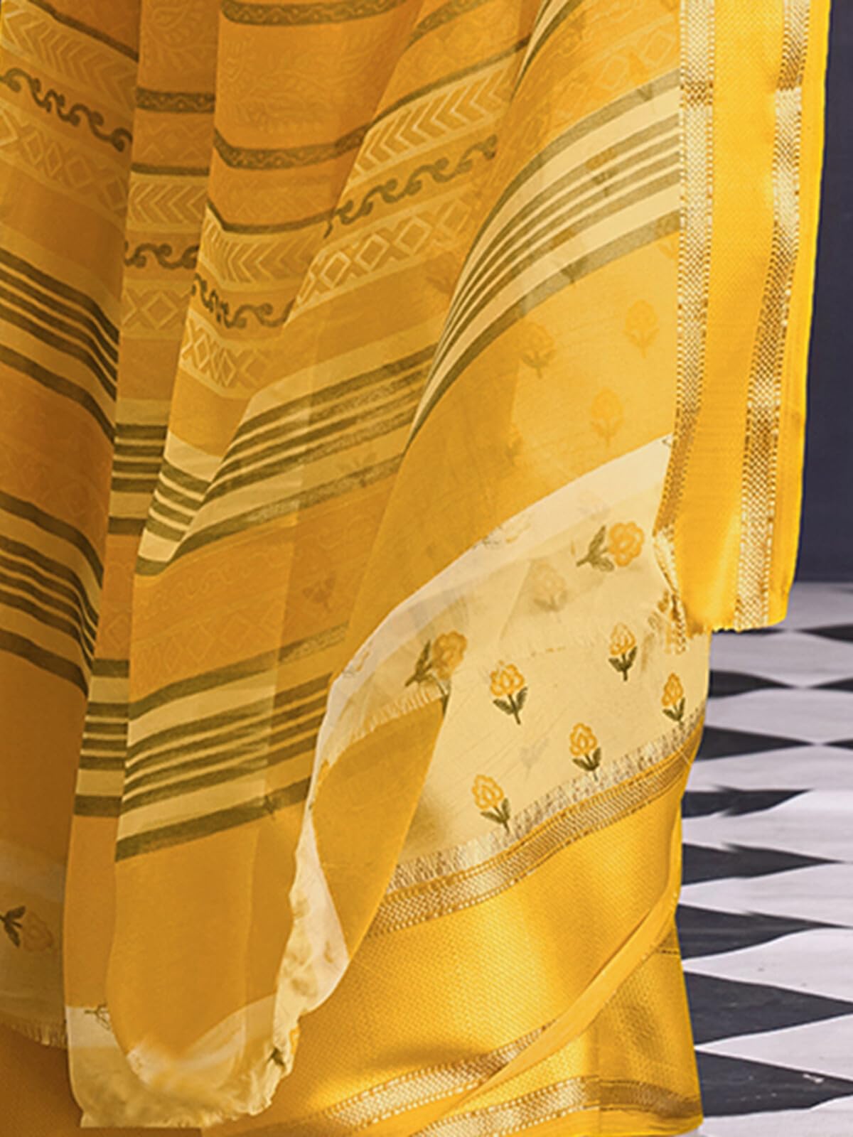 SIRIL Women's Georgette Jacquard Floral Printed Saree with Unstitched Blouse Piece (5334S1331_Light Yellow)