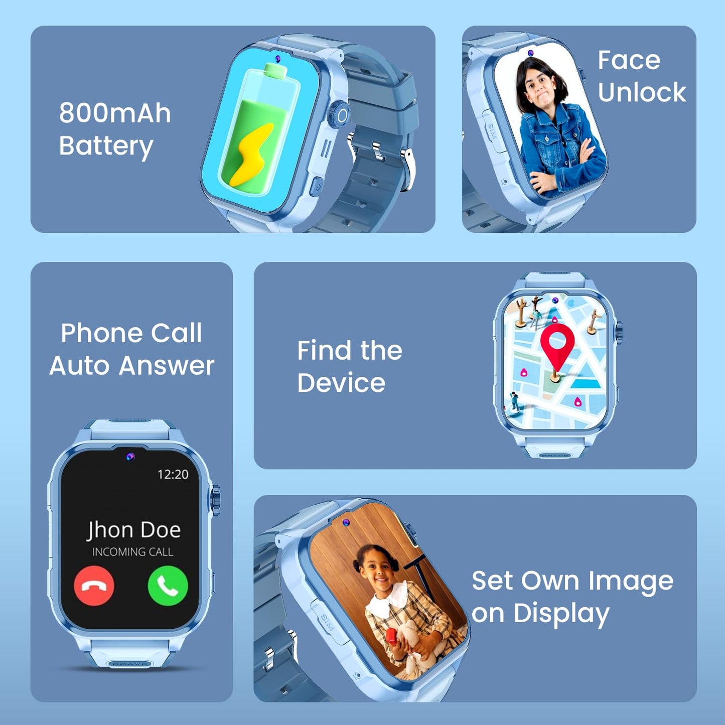 PunnkFunnk Newly Launched Safeguard 5G/4G Kids Smart Watch with SIM Calling, GPS Tracker, Video Call, SOS Alerts, Face Unlock, Games, IP67, 800mAh Battery, Voice Chat, Live Location(Light Blue)