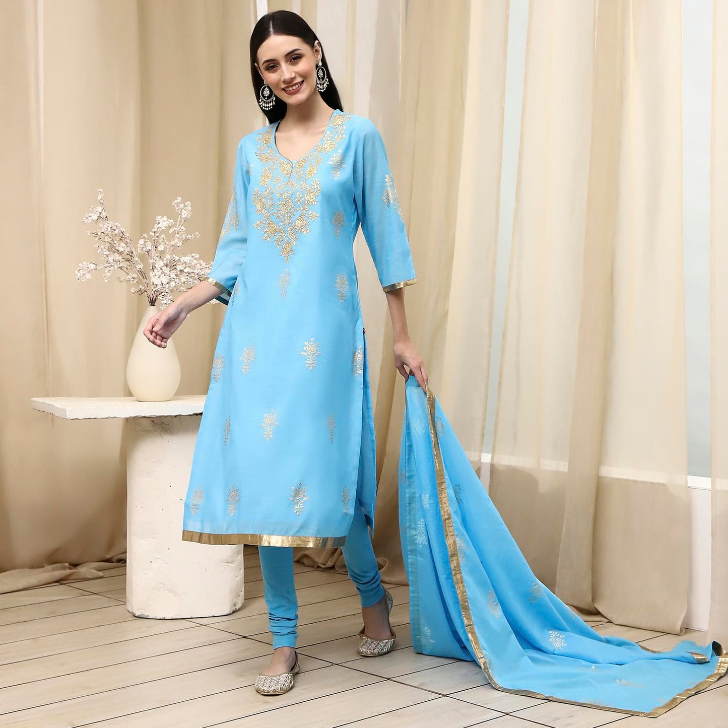 Biba Women's Poly Chanderi Kurta Set (SKDASRT7716ESS25BLU_Blue