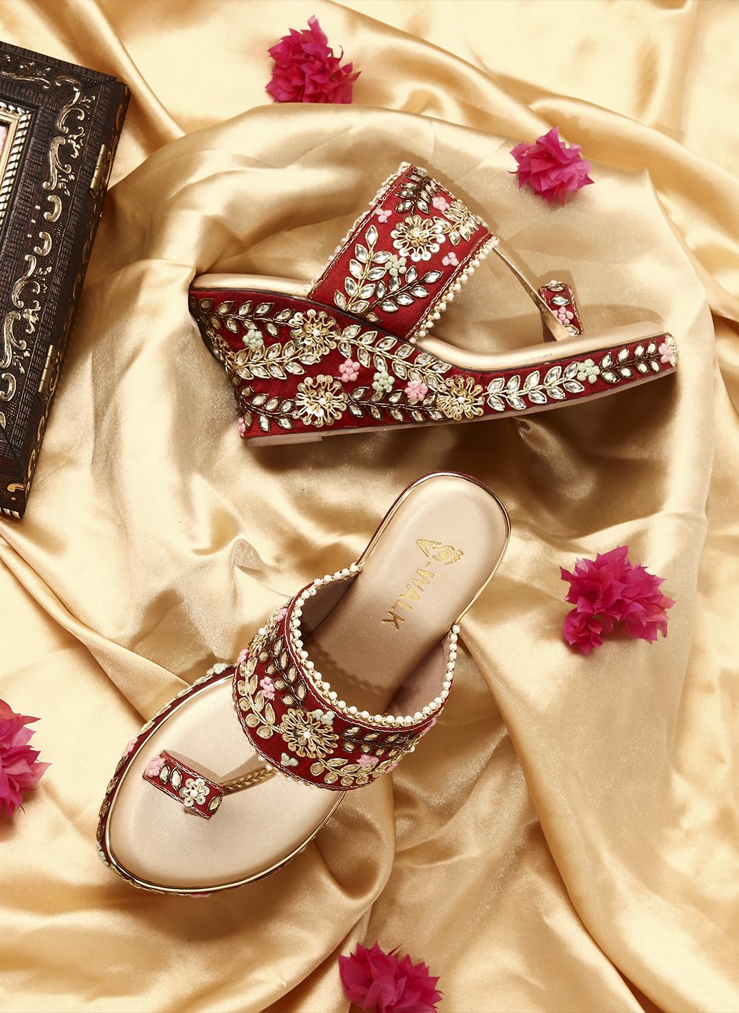 V-WALK Women's Slip-Ons Floral Embroidered Ethnic Wedge Heel Bridal Sandals | Wedding, Ethnic, Festive Occasions Bridal Heels for Women | Heel Height: 3 Inches | Maroon