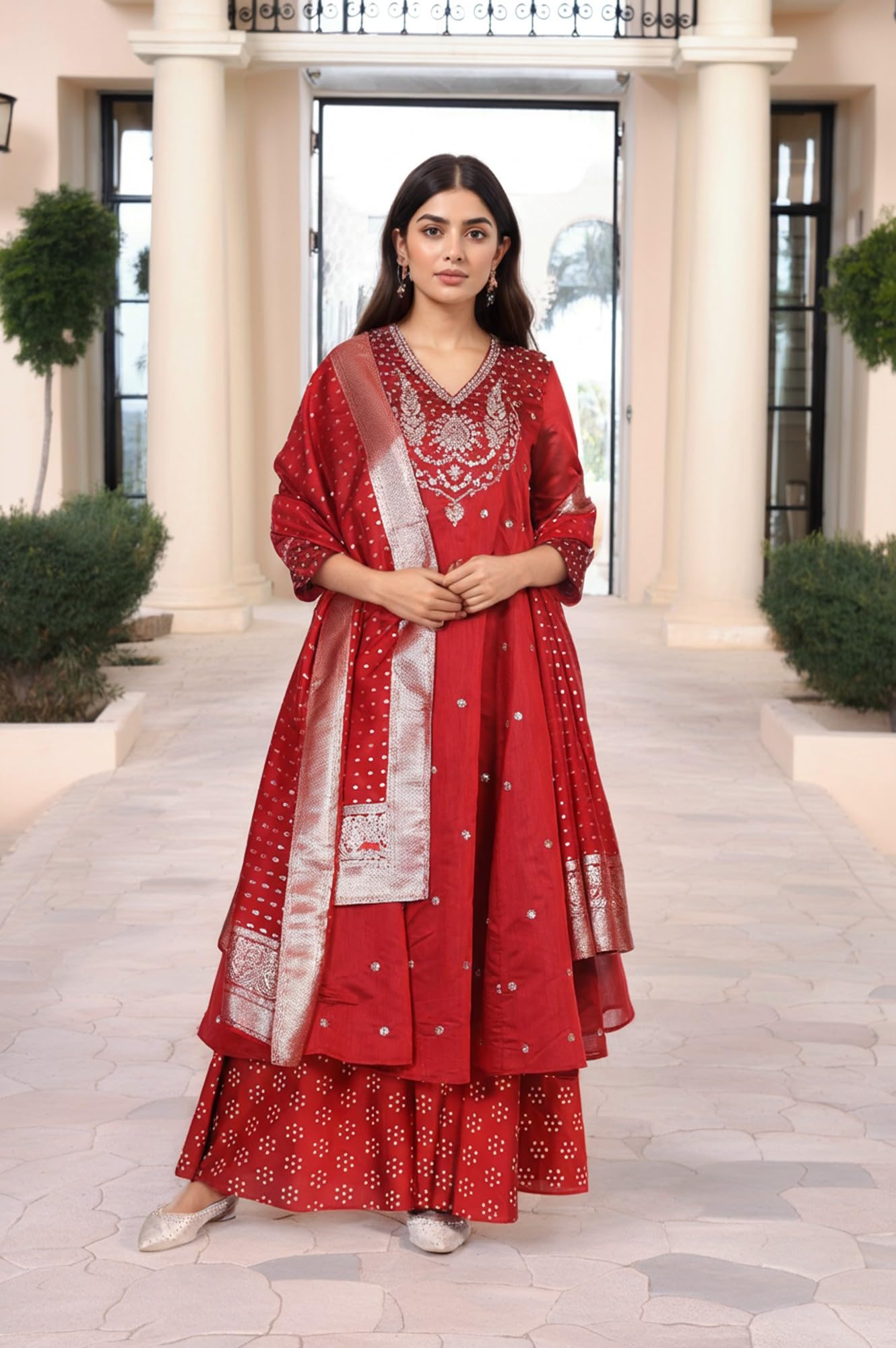 W for Woman Red Bandhni Embroidered Anarkali Jacquard Kurta with Sharara and Dupatta Set (WS13168-224094-3XL)