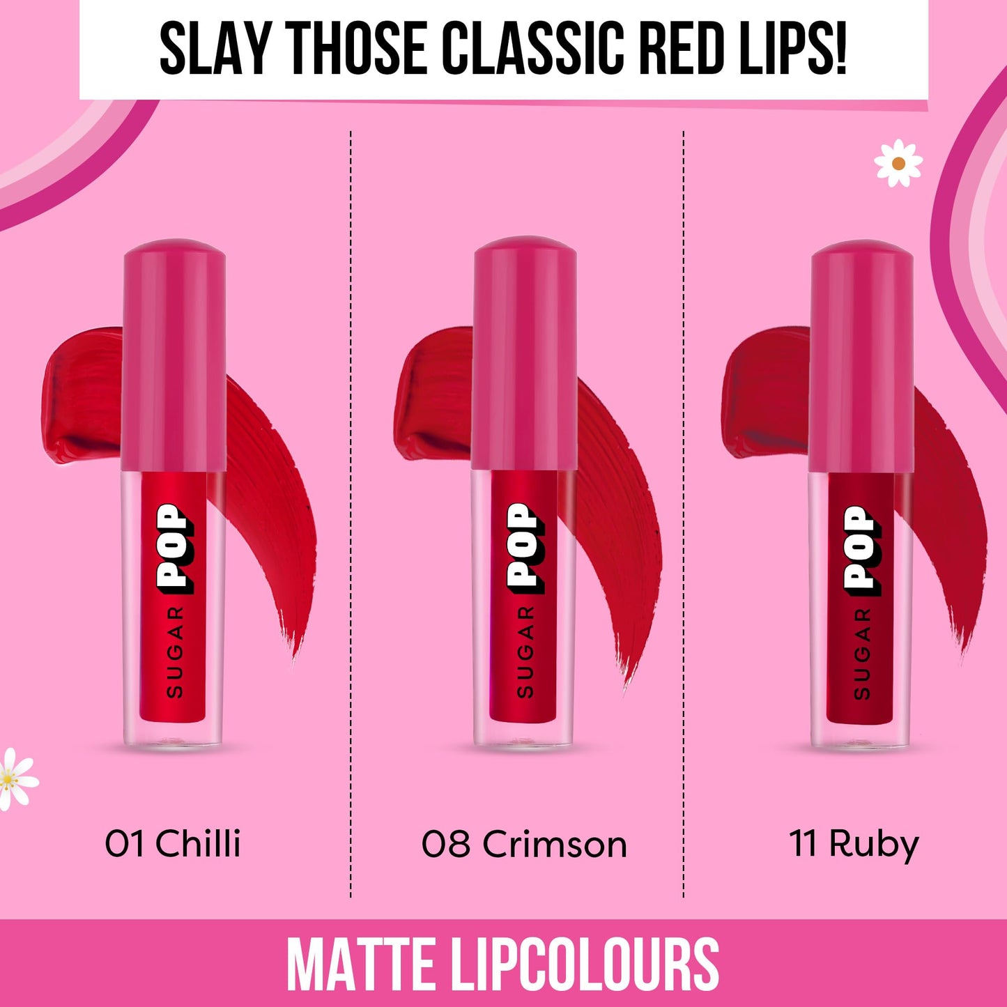 SUGAR POP Mattelicious Trio - The Red Edit - 4.8 ml | Set of 3 Red Matte Lipcolours | Non-drying | Transfer-proof | Smudgeproof