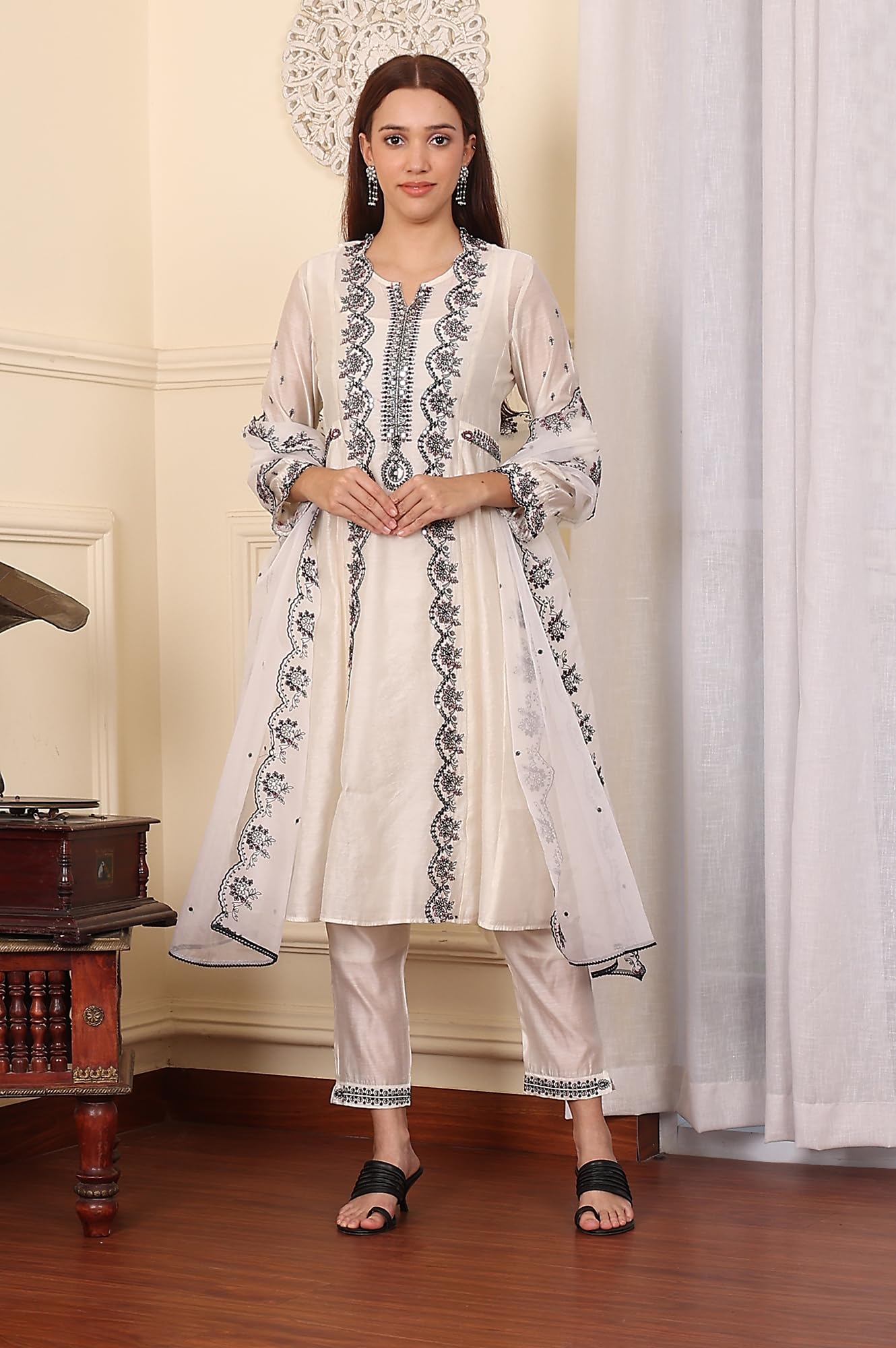 W for Woman Wishful White Chanderi Mock Panelled Embroidered Flared Kurta, Straight Pants and Dupatta Set (Size: XXL)-24FESP10672-221349