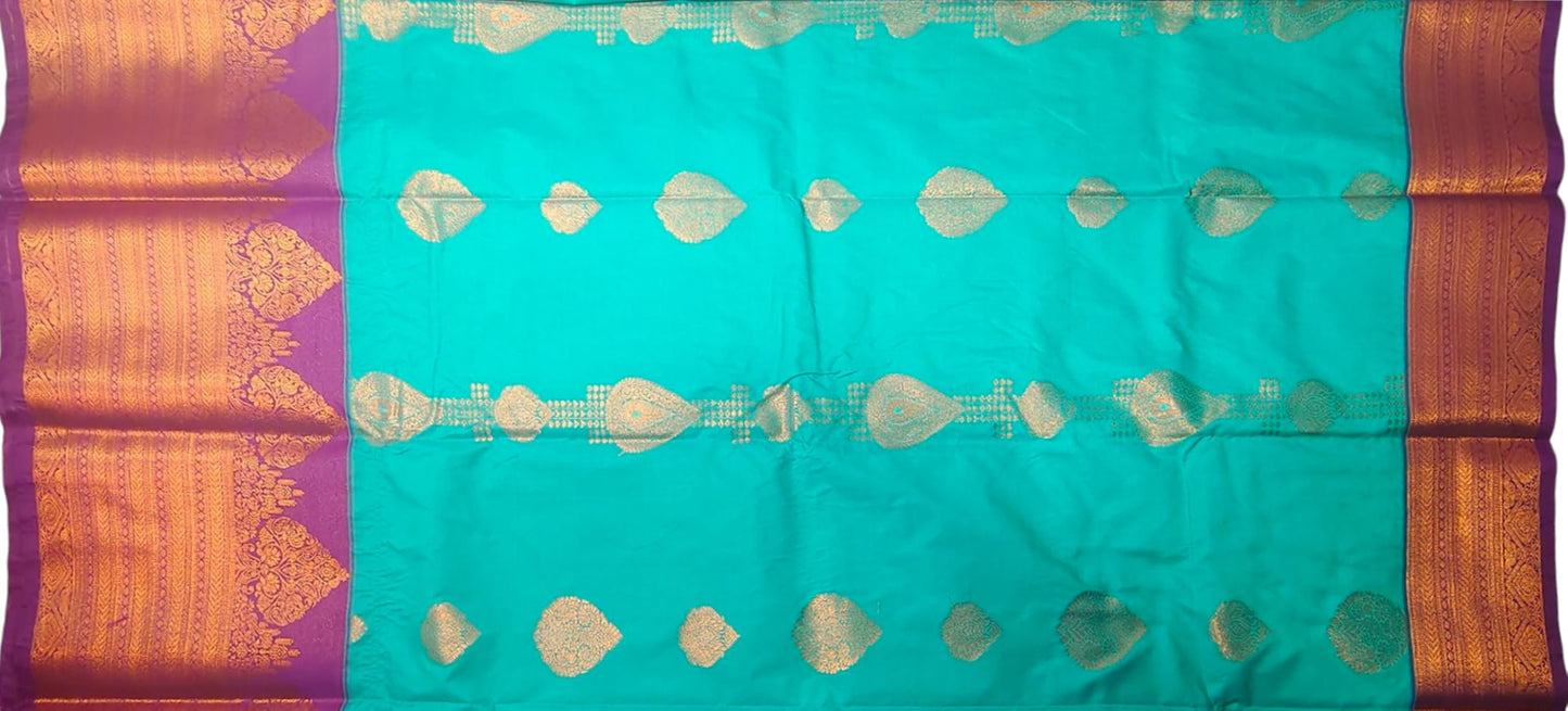 VFCollections Women's Kanchipuram Silk Saree with Rich Royal Golden Zari and Traditional Border – With Blouse (VFC684-2)