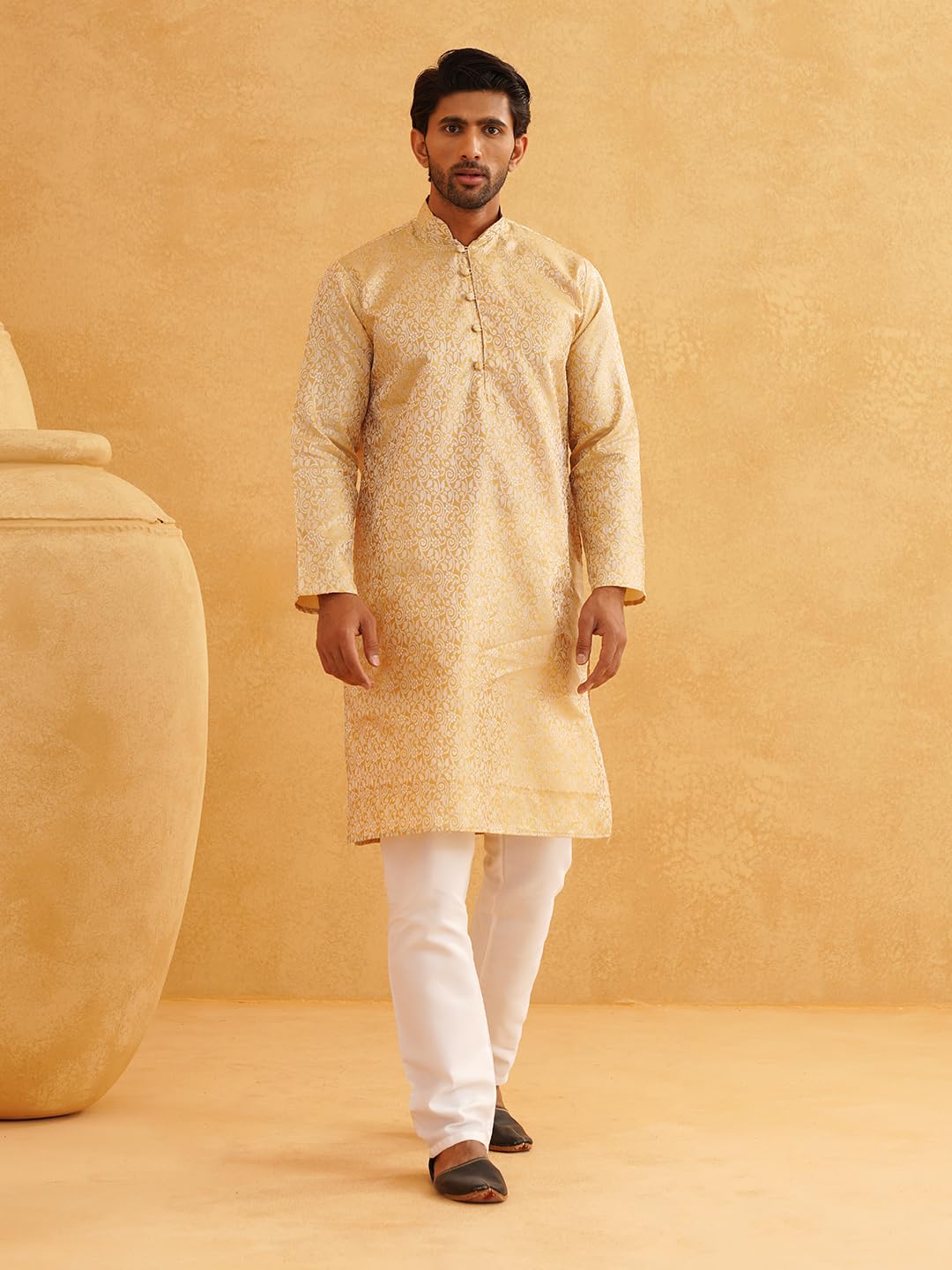 SOJANYA (Since 1958 Men's Silk Blend Gold Kurta & Off White Churidar Pyjama Set Size 44