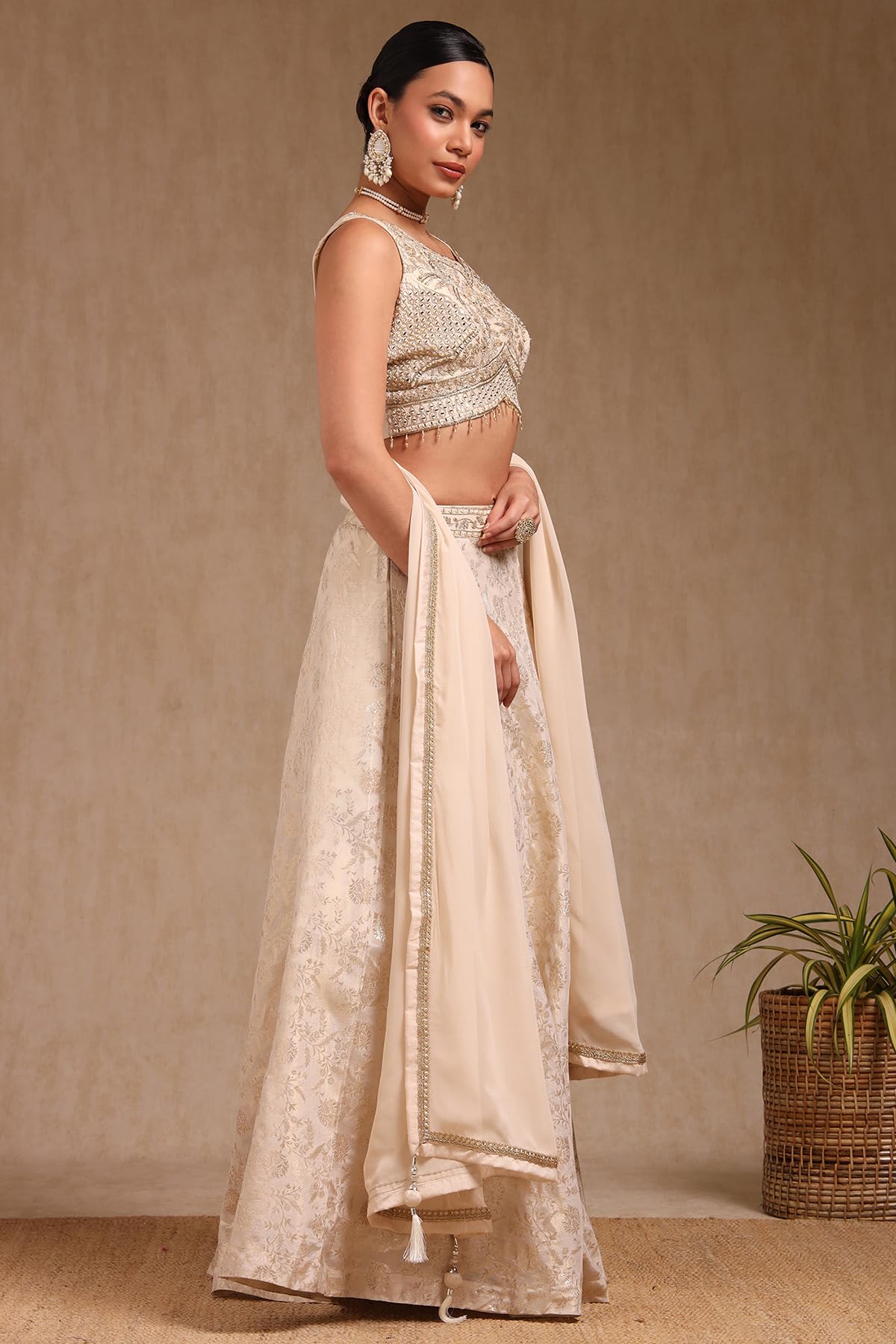 Soch Womens Off White Brocade Embroidered Lehenga Choli With Mirror and Stone