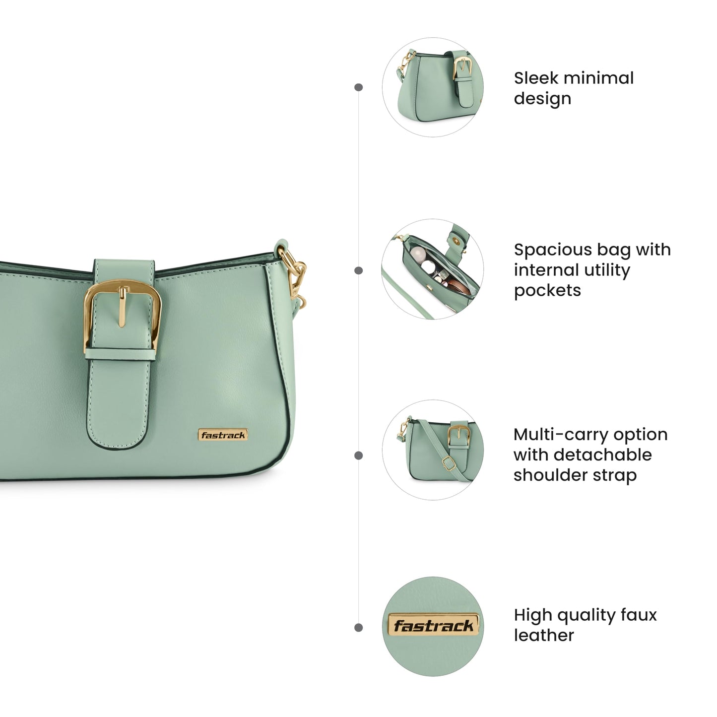 Fastrack Sage Green Solid Sling Bagfor Women, Girls and Ladies | with Buckle Accent and Zipper Closure