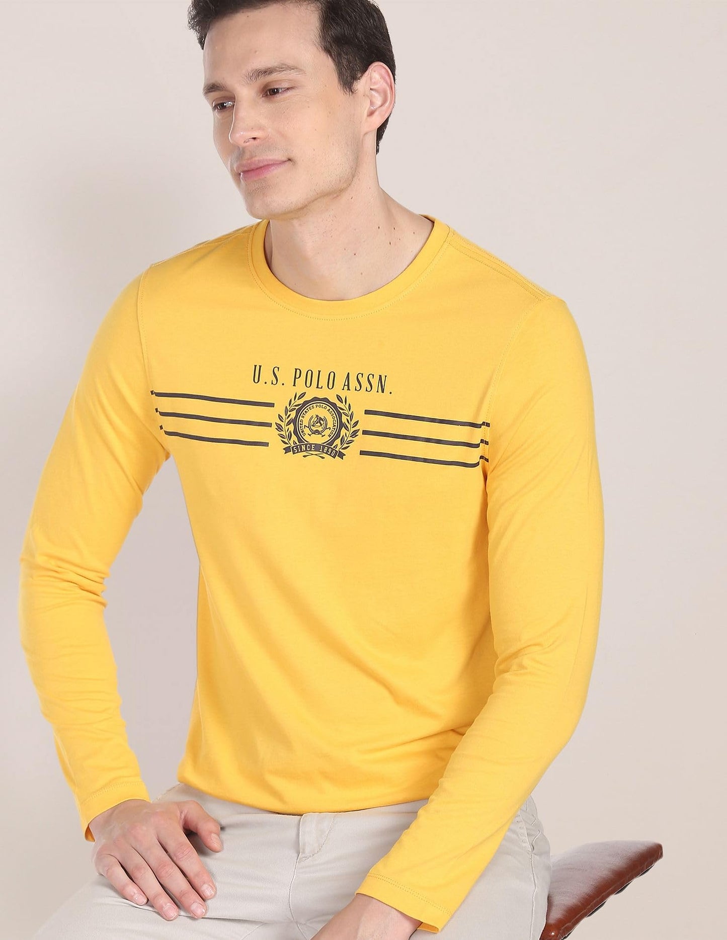 U.S. POLO ASSN. Men's Crew Neck Long Sleeve Brand Print Cotton T-Shirt (USTSHS1382_Yellow_L)