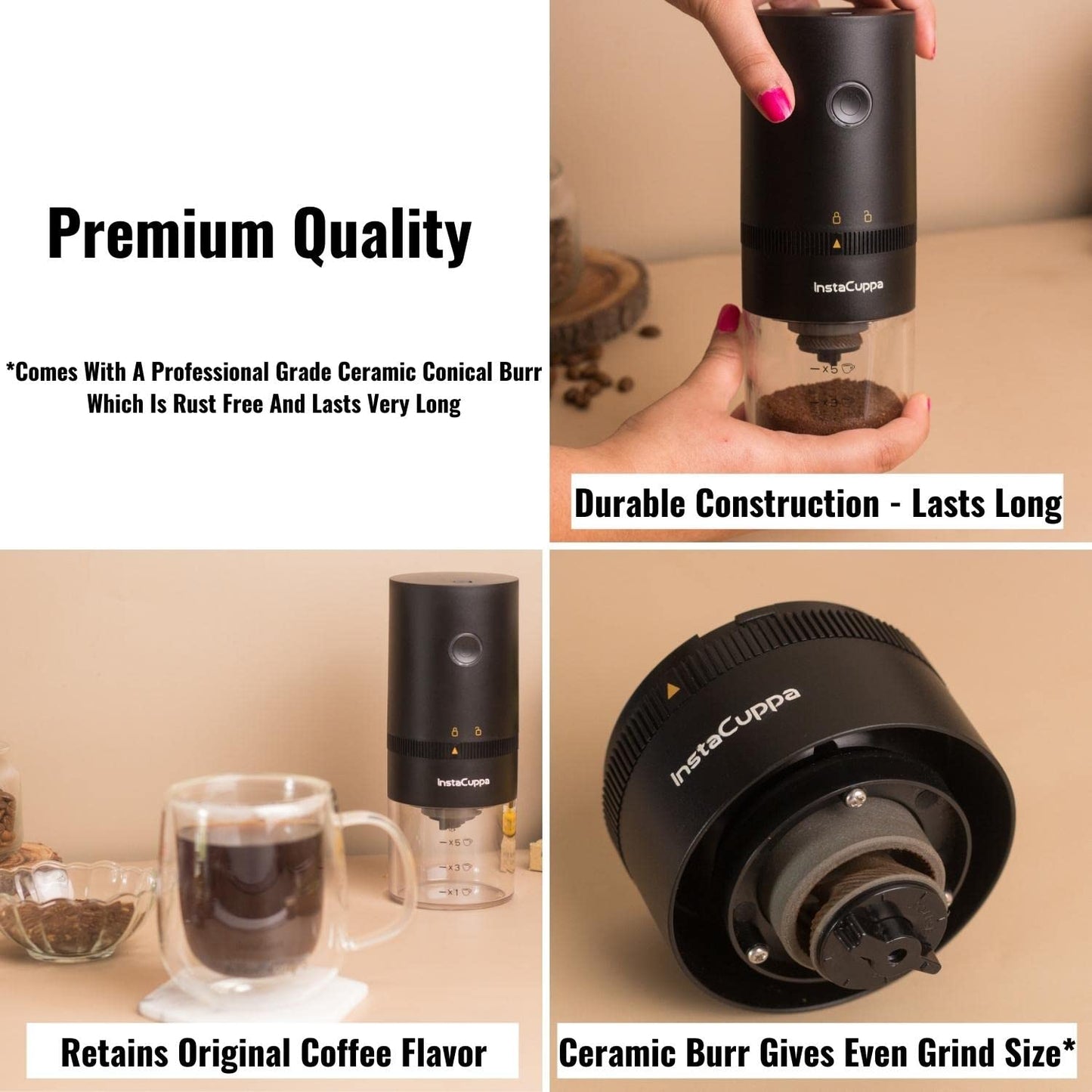 InstaCuppa USB Rechargeable Coffee Grinder for Busy Moms | 5 Adjustable Grind Settings | Ceramic Burr | 1250 mAh Battery | 25g Bean Capacity | Transparent Canister | Travel-Friendly & Easy to Clean