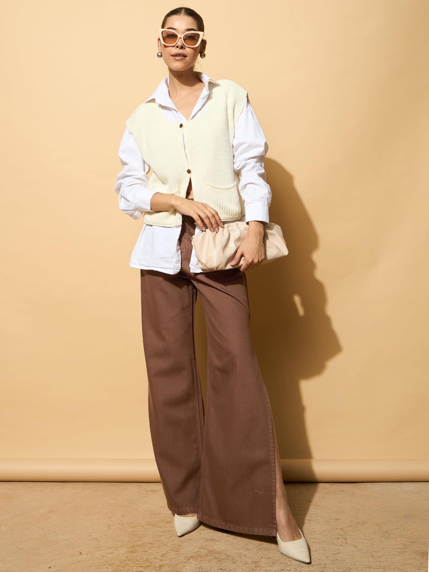 barcino Side Slit Wide Leg Jeans Brown