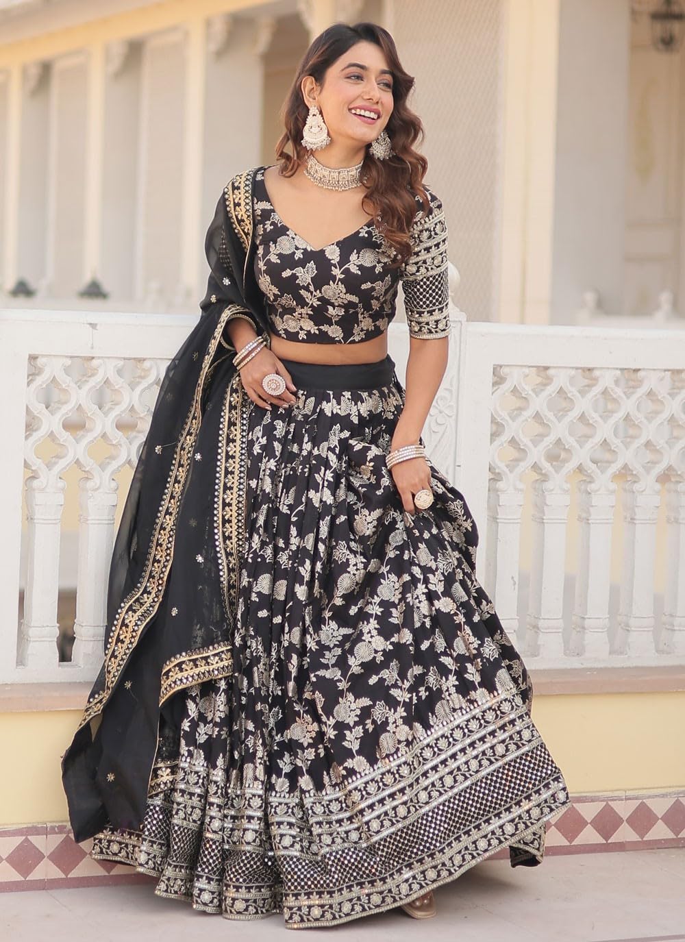 NONITA FASHION Black Georgette Lehenga, Floral Jacquard Embroidery, Mirror Work