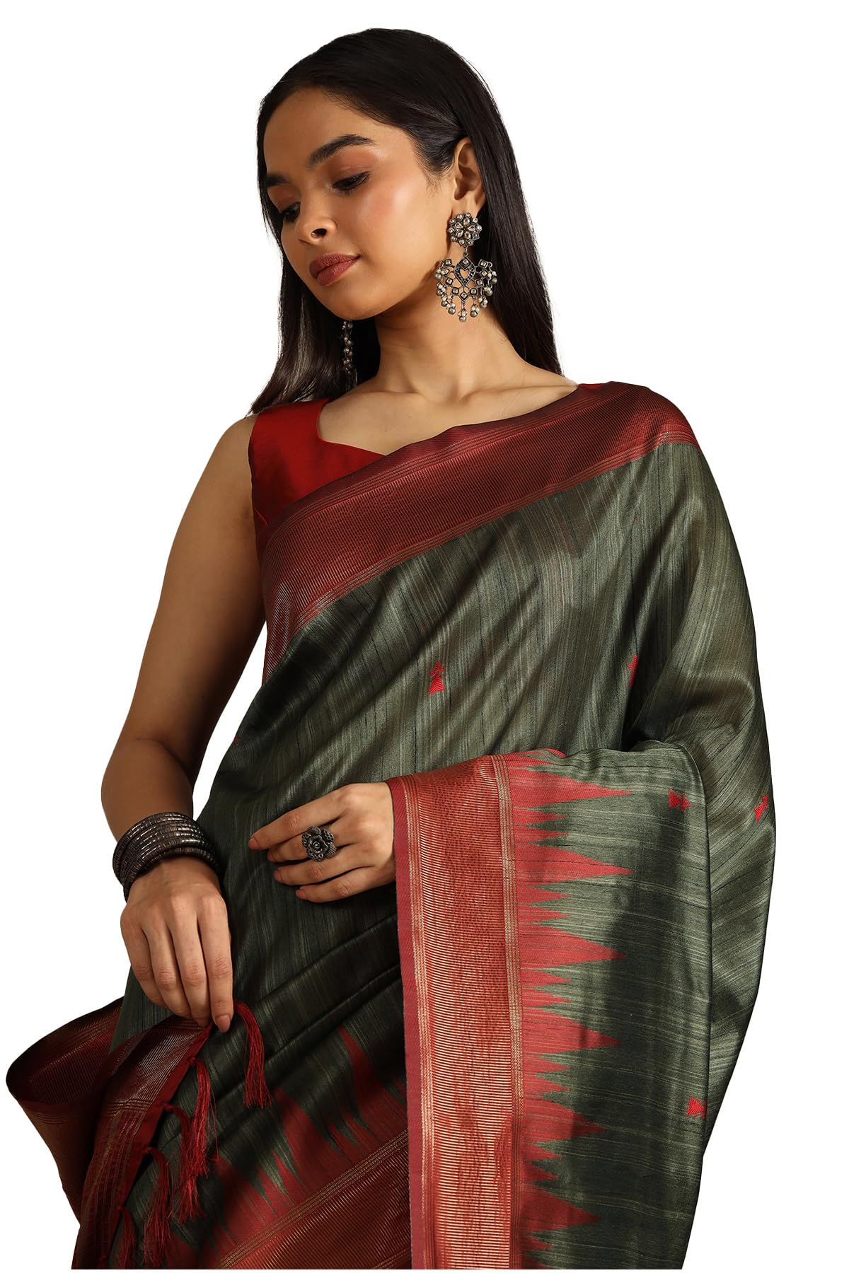 Soch Womens Olive Tussar Woven Design Saree