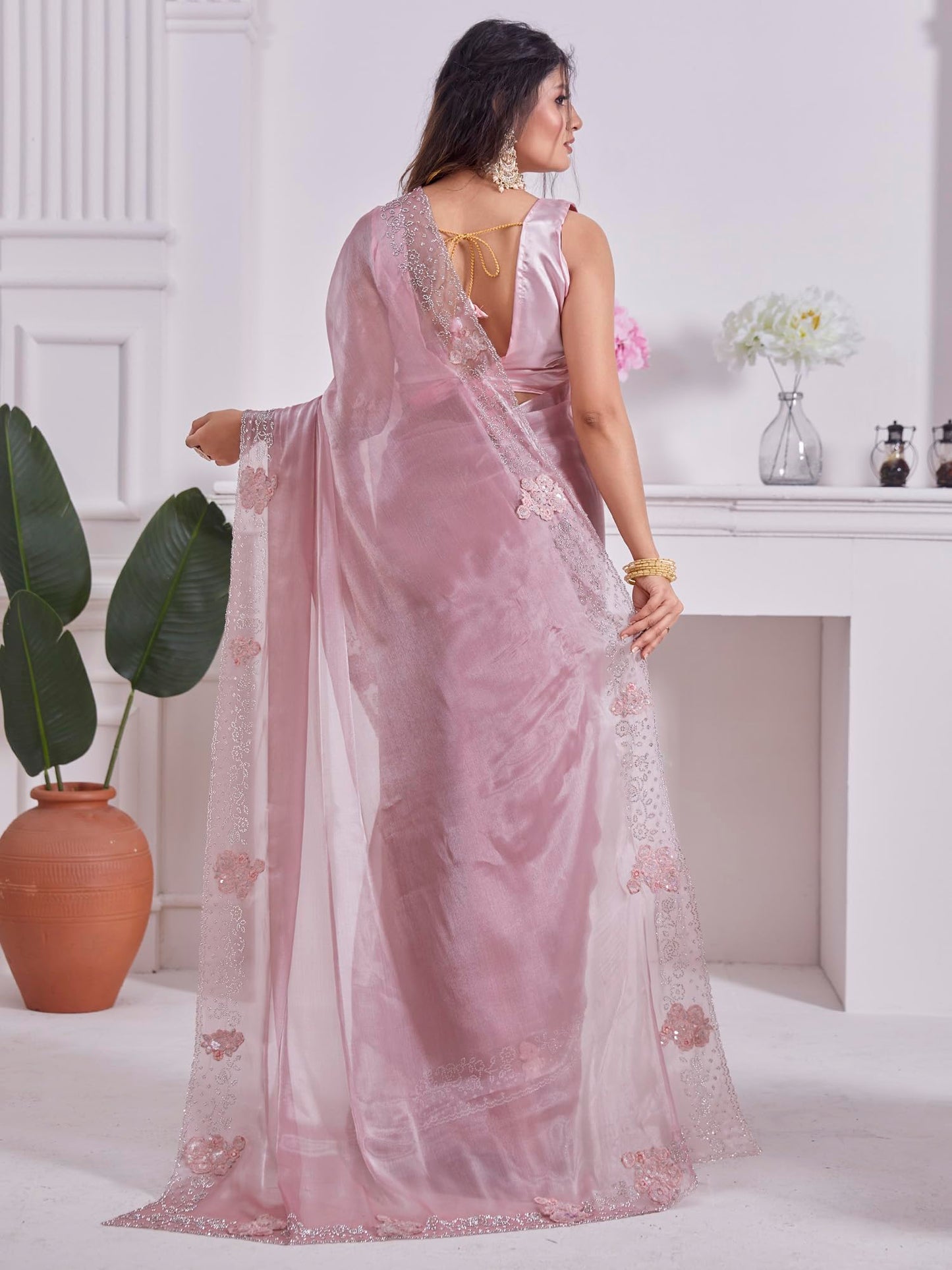 AKHILAM Women's Organza Solid Embellished Saree With Unstitched Blouse Piece(Pink_MAHEK737E_MK)