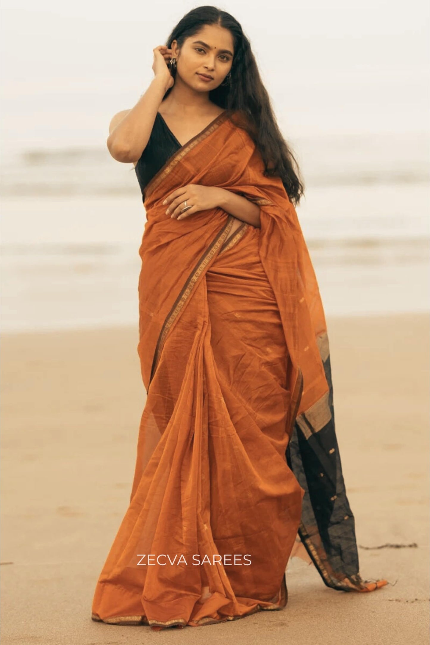 ZECVA Women's Pure Spun Linen Cotton Lichi Silk Saree With Attach Unstitch Blouse Piece (DARK ORANGE BLACK)