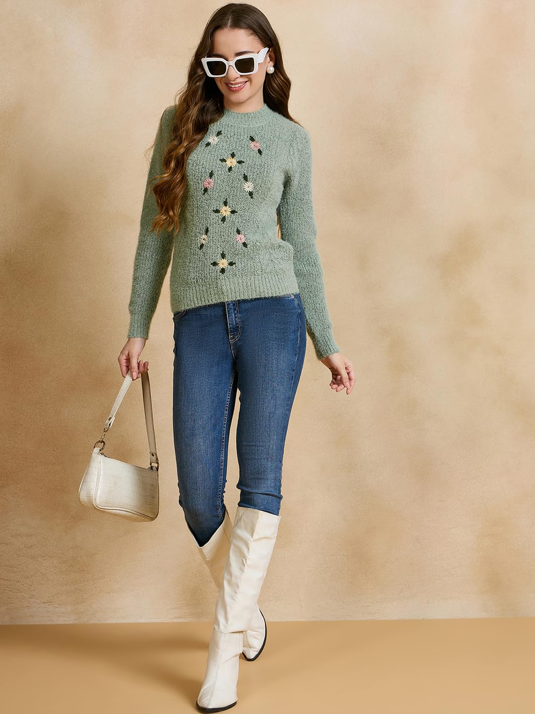 Clapton Women's Floral Embroidered Knitted Pullover Sweater, Long Sleeve, Round Neck, Casual (in, Alpha, L, Regular, Pista)