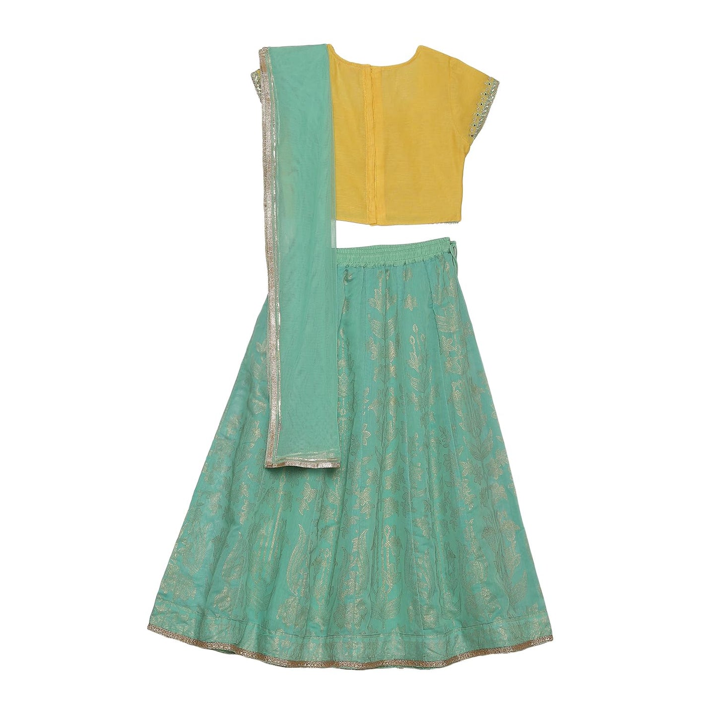 BIBA Girl Cotton Readymade Embroidery Flared Kid(Kw4224_Yellow_3), Straight Lehenga Set