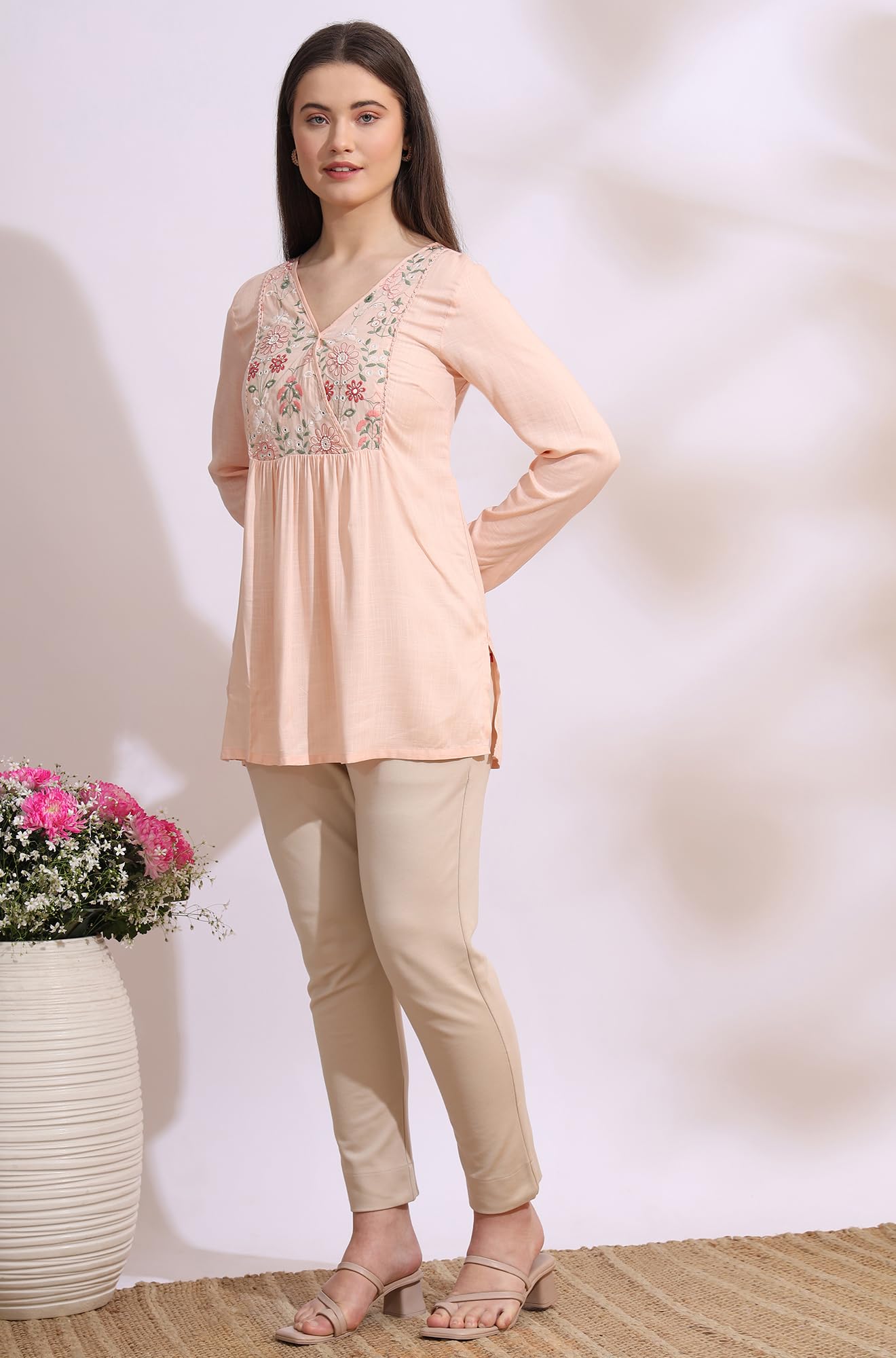 W for Woman Pastel Pink Thread Embroidered Gathered Swiss Dot Ethnic Top (Size: XS)-W31259-223088