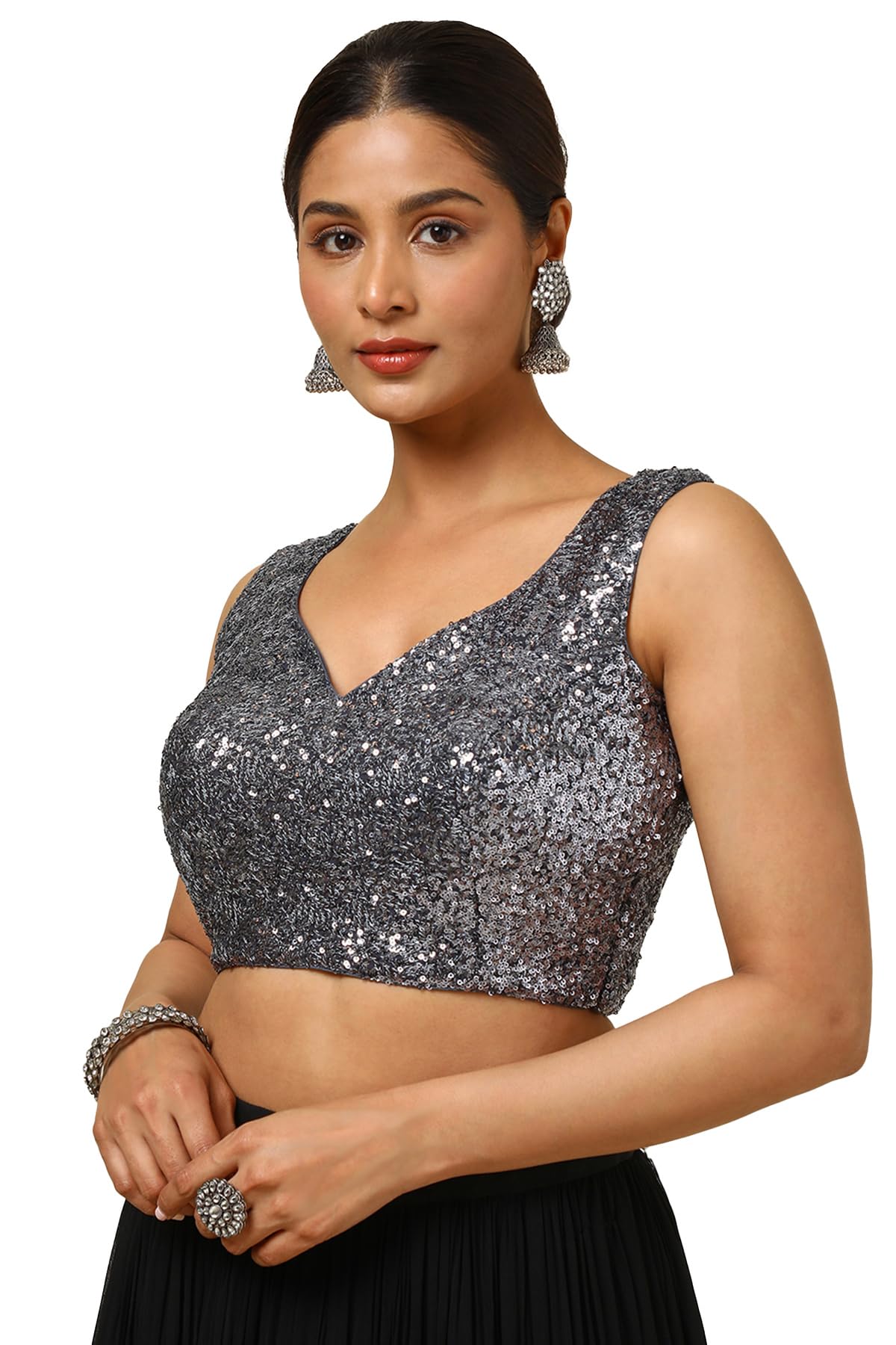 Soch Women's Georgette Embellished Sleeveless Regular Fit Blouse (BLHSSEQ00623_Grey 38)