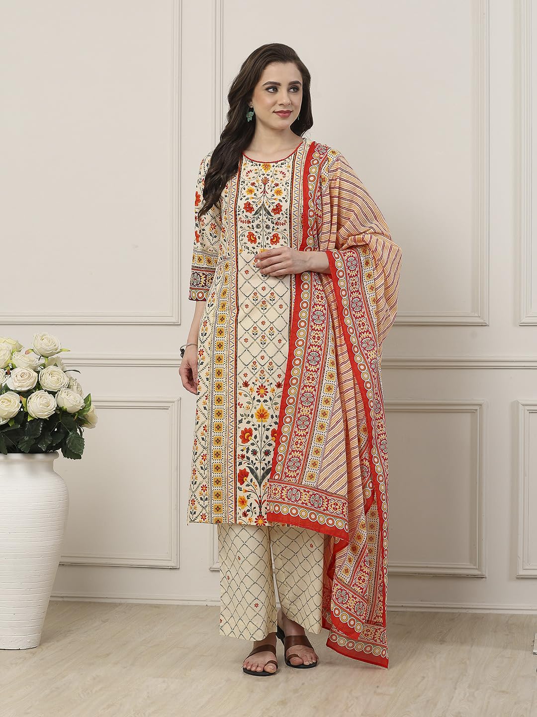 Biba Women Beige Cotton Straight Suit Set_32