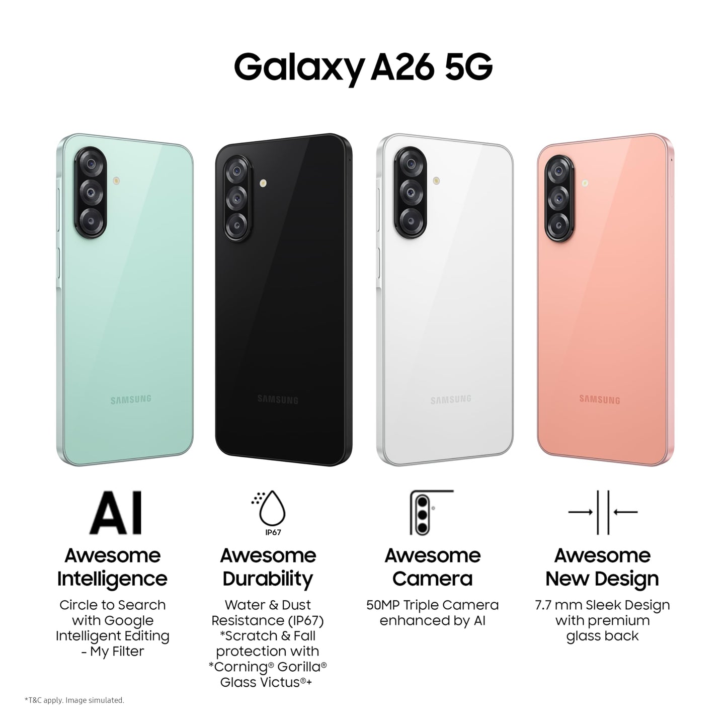 Samsung Galaxy A26 5G (Awesome Mint, 8GB, 128GB) | Awesome Intelligence: Circle to Search, Intelligent Editing | Awesome 50MP Triple Camera | IP67