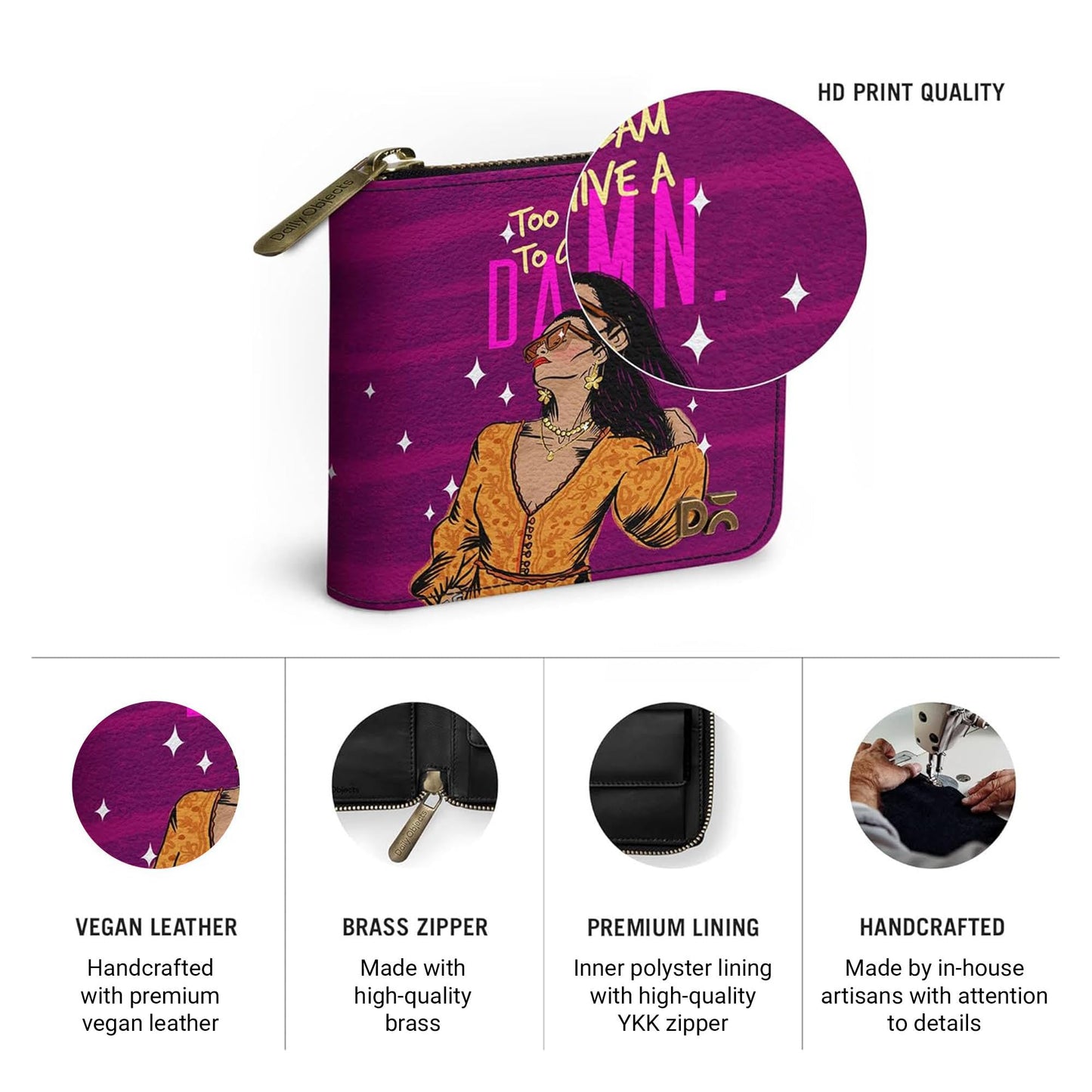 DailyObjects Glam No Damn Women's Wallet | Made with Vegan Leather Material - Holds up to 8 Cards - Slim and Easy to Fit in Pocket | Coin Pocket with Button Closure- Multicolour