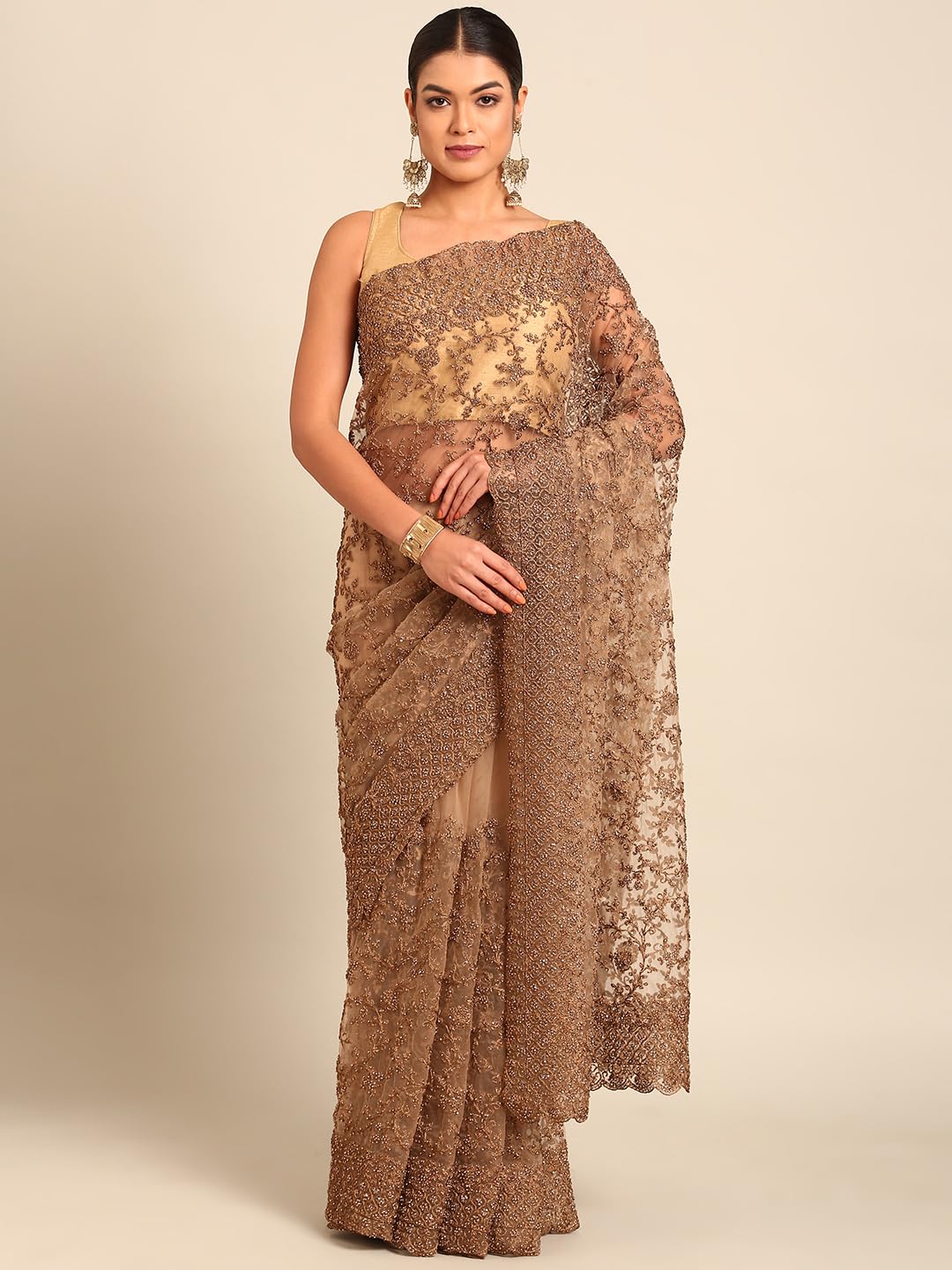 MOHEY Fawn Net Embroidery|Stone Work Saree for Women