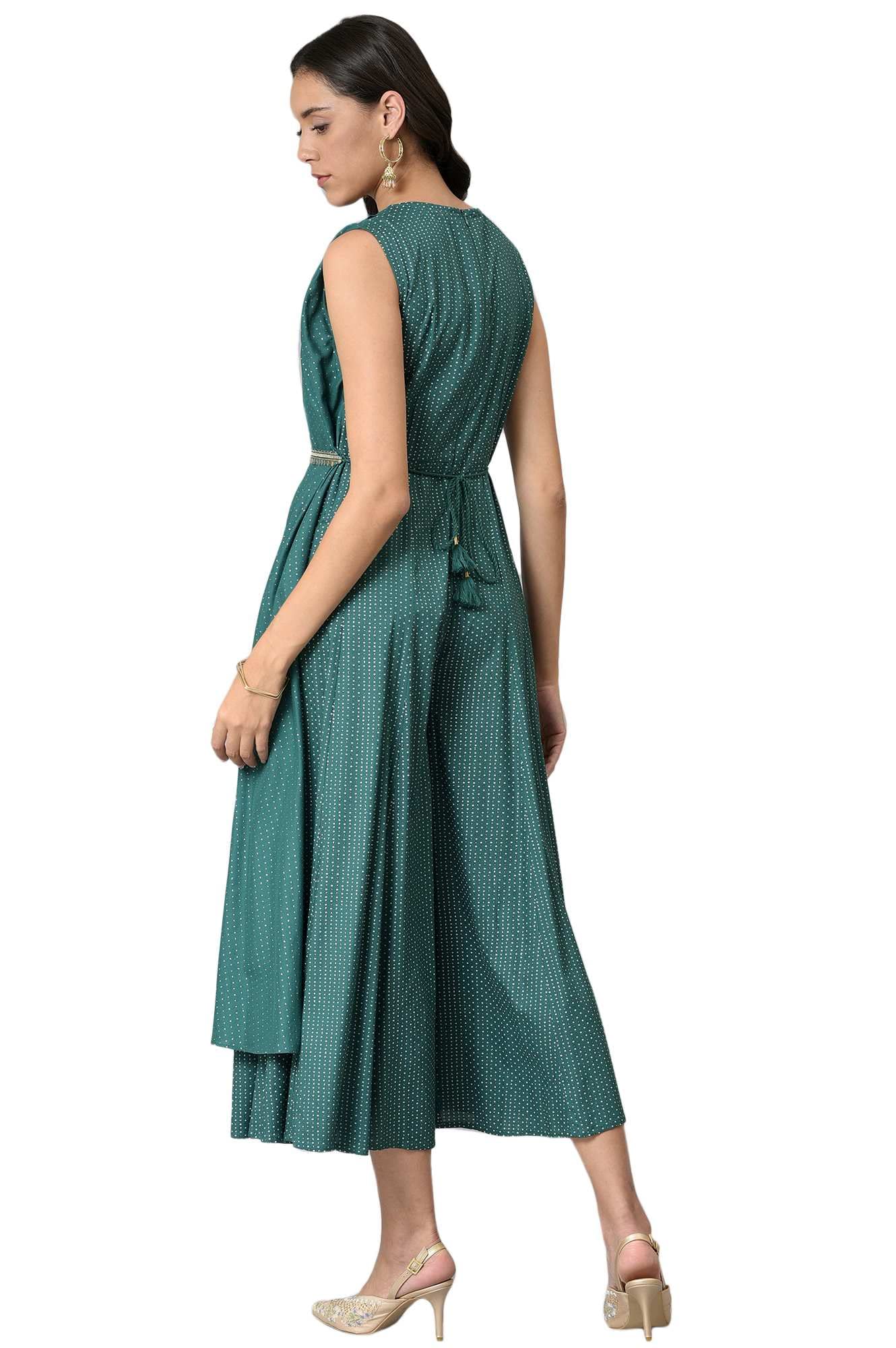 W For Woman Dark Green Floral Printed Glitter Metallic Embroidered Culotte Jumpsuit