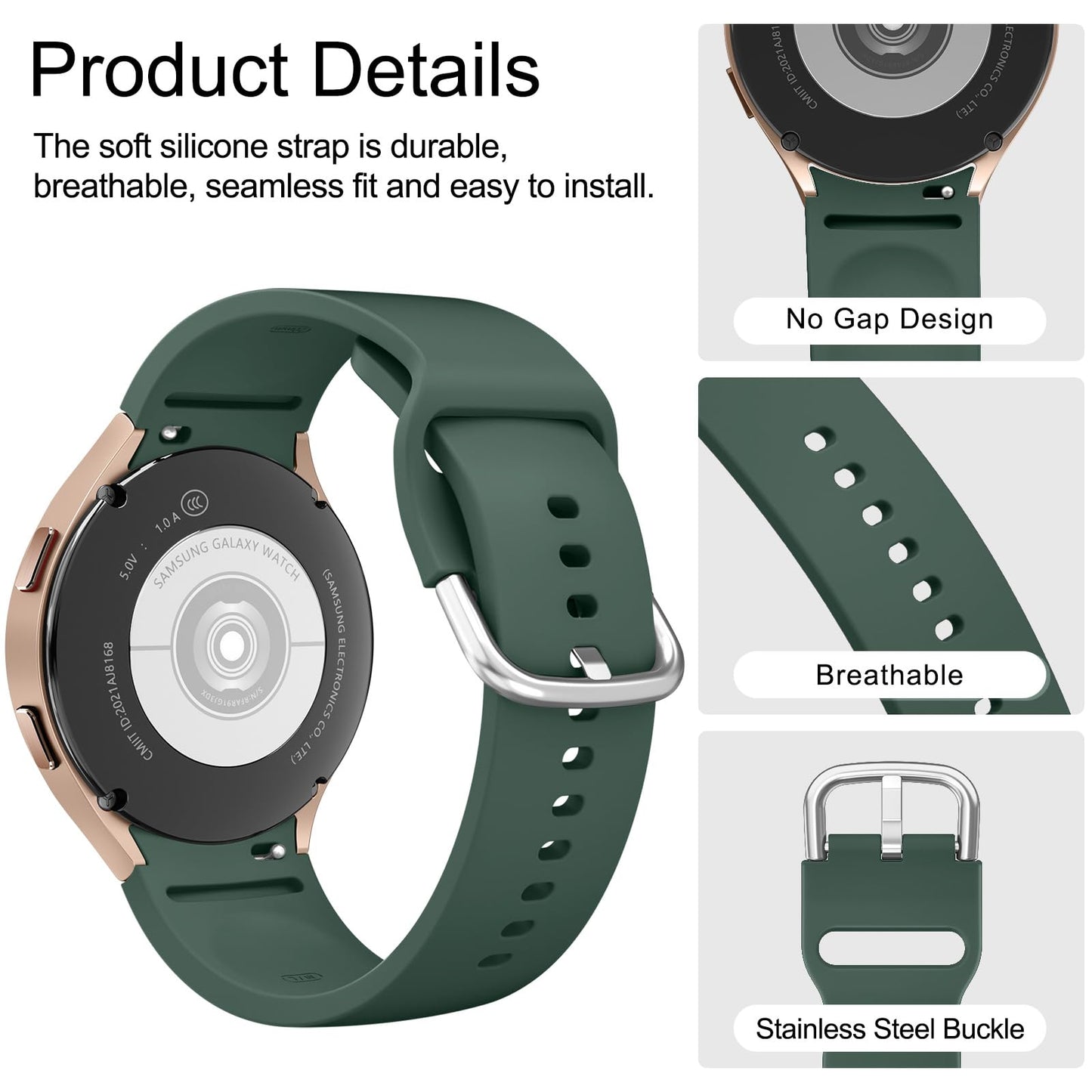 Tobfit Silicone Strap Compatible for Samsung Galaxy Watch 4/4 Classic/Active 2/Watch 5/5 Pro (Watch Not Included), Sport Replacement Strap with Classic Clasp for 20mm Smart Watch（Clover）