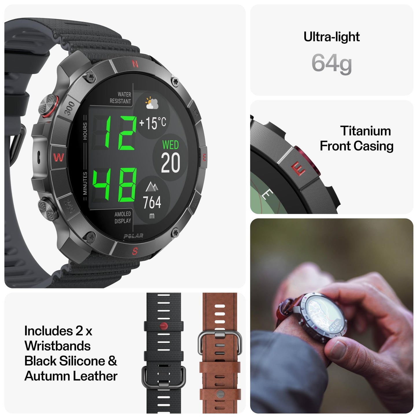 Polar Grit X2 Pro Titan Ultra-Premium Multisport Watch, Dual-GPS Navigation, Military-Grade Rugged, Lighter Titanium Casing, ECG, HR, Sleep & Recovery, Sapphire Glass, 10D Battery, Add’l Leather Band