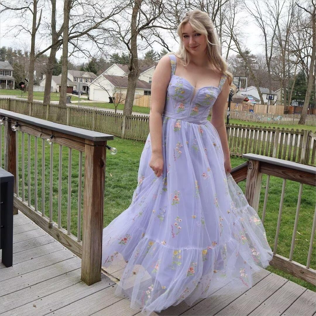 Fivsole Women's Midi Floral Prom Dresses Flower Embroidered Short Formal Tulle Evening Party Gown, Green-c, 6