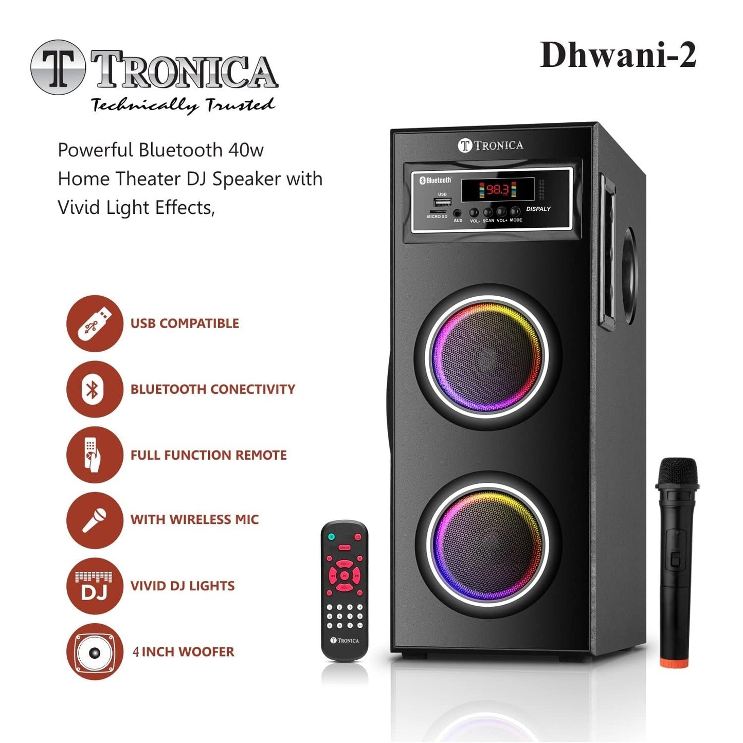 Tronica Dhwani-2 DJ 40W Bluetooth Tower Home Theater System with Free Wireless MIC, Supports Pendrive/SD Card/FM/Aux/TV with Remote