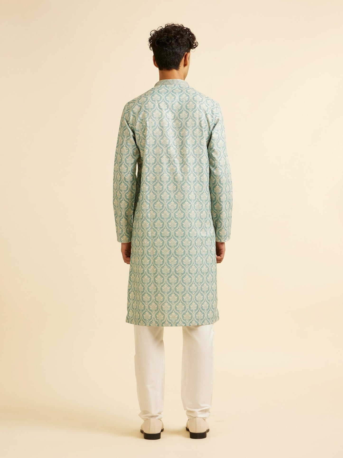 Manyavar Men's Cotton Blend Printed|Embroidered Kurta Pyjama Set (Green,XL)