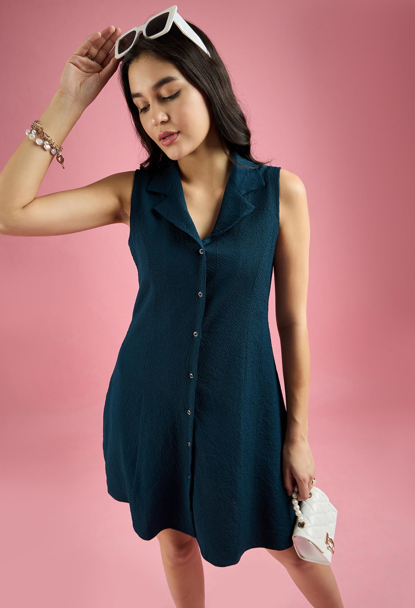 ALL YOURS Women’s Blue Sleeveless A-Line Shirt Dress |ALLDR2615_JDN_XS