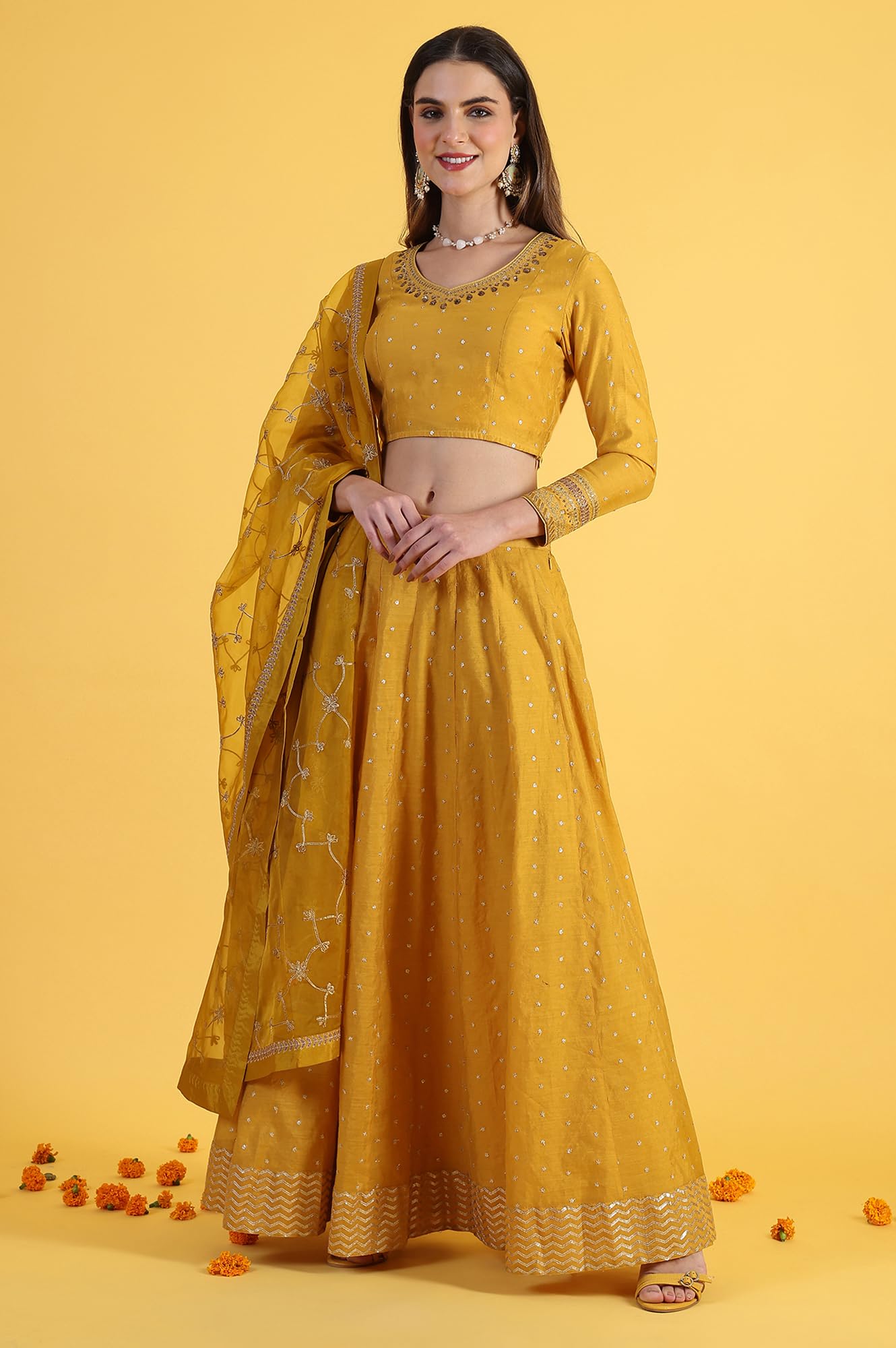 W for Woman Yellow Metallic Embroidery Crop Top & Skirt with Dupatta Set (Size: 3XL)-24AUWS31123-400772