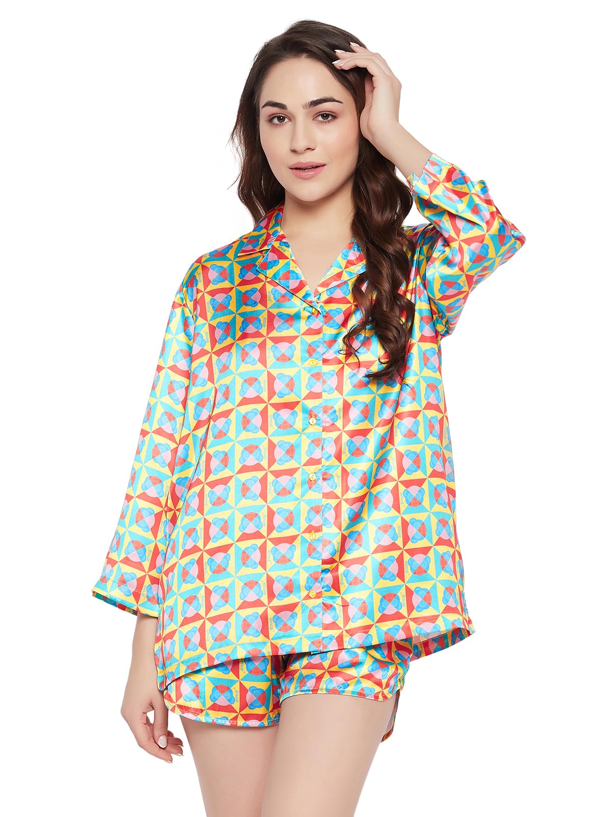 Clovia Women's Satin Printed 3 Piece Nightwear Set (LS0666P19_Multi_XL) Multicolour