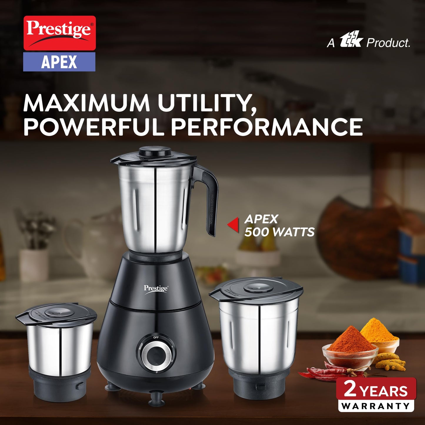 Prestige 500 Watts Apex Mixer Grinder with 3 Stainless Steel Jars|3 Super Efficient Blades|Sturdy Handles|Black|