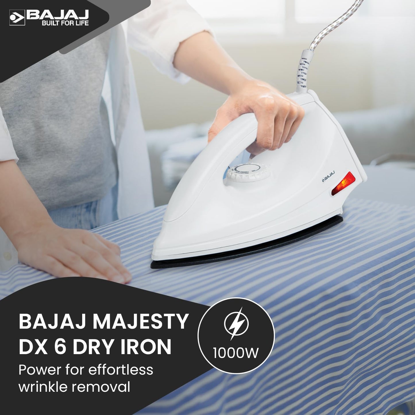 Bajaj DX-6 1000 Watts Dry Iron | Advance Soleplate And Anti-Bacterial German Coating Technology | Thermol Fuse Safety | Auto Shut-Off | Cool Touch Body | 2 Yr Warranty 【White】