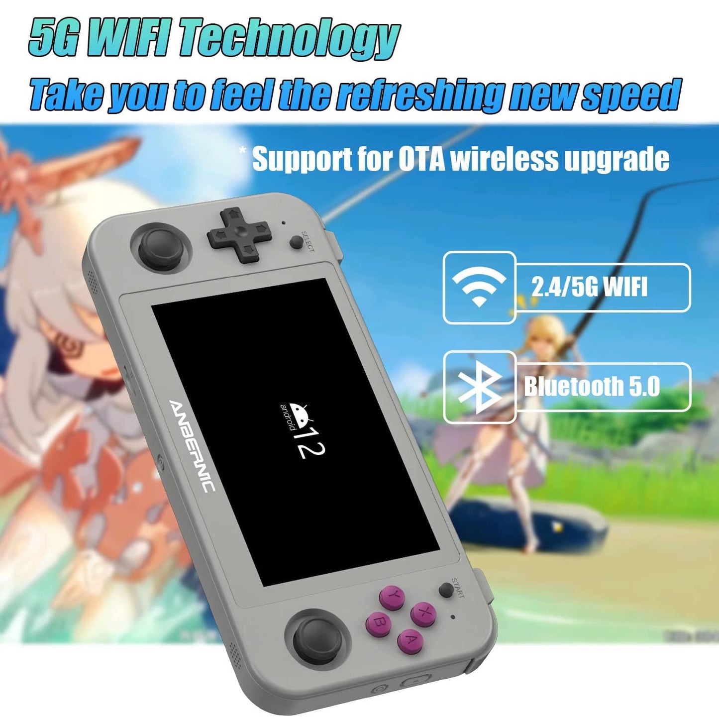 New World Anber-nic RG505 Android 12 Portable Game Console, Unisoc Tiger T618, 128GB with 3172 Supported Games, Gyro Sensor and 4.95" OLED Touchscreen, Support PS2 /PSP Games also - Grey