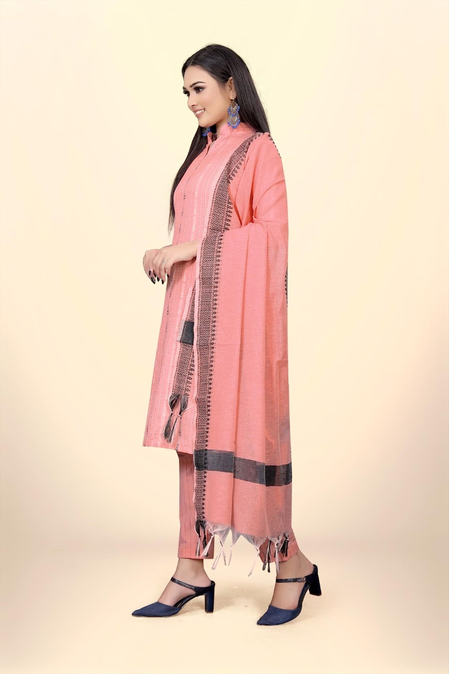 Pandadi Saree Women's Peach Cotton Jacquard Work Unstitched Salwar Suit Dress Material