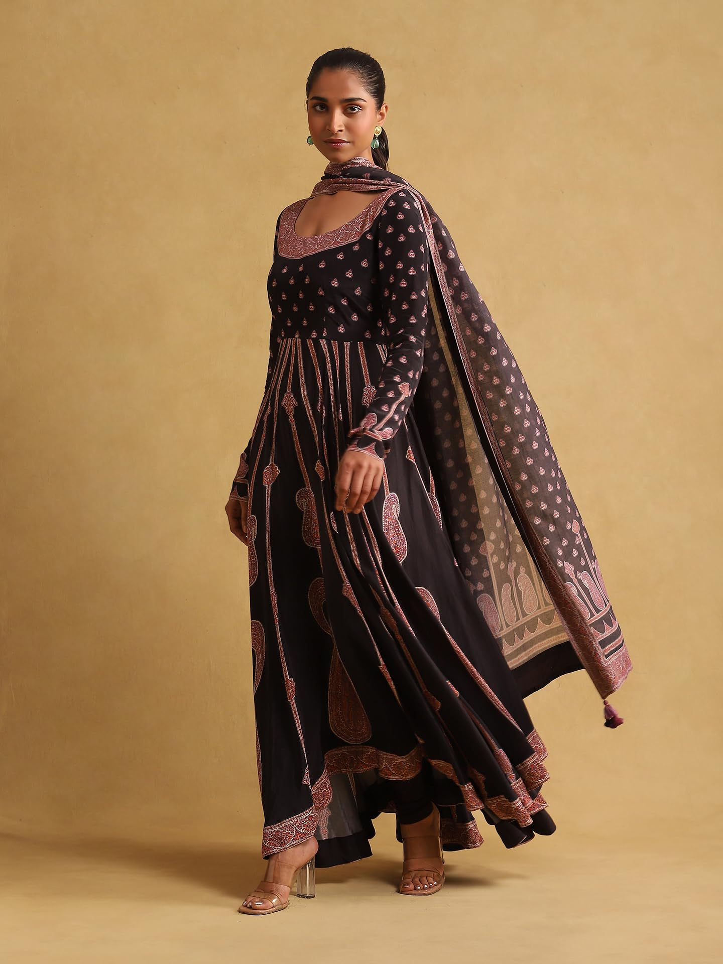 Ritu Kumar Black Printed Crepe Anarkali Kurta with Legging and Dupatta