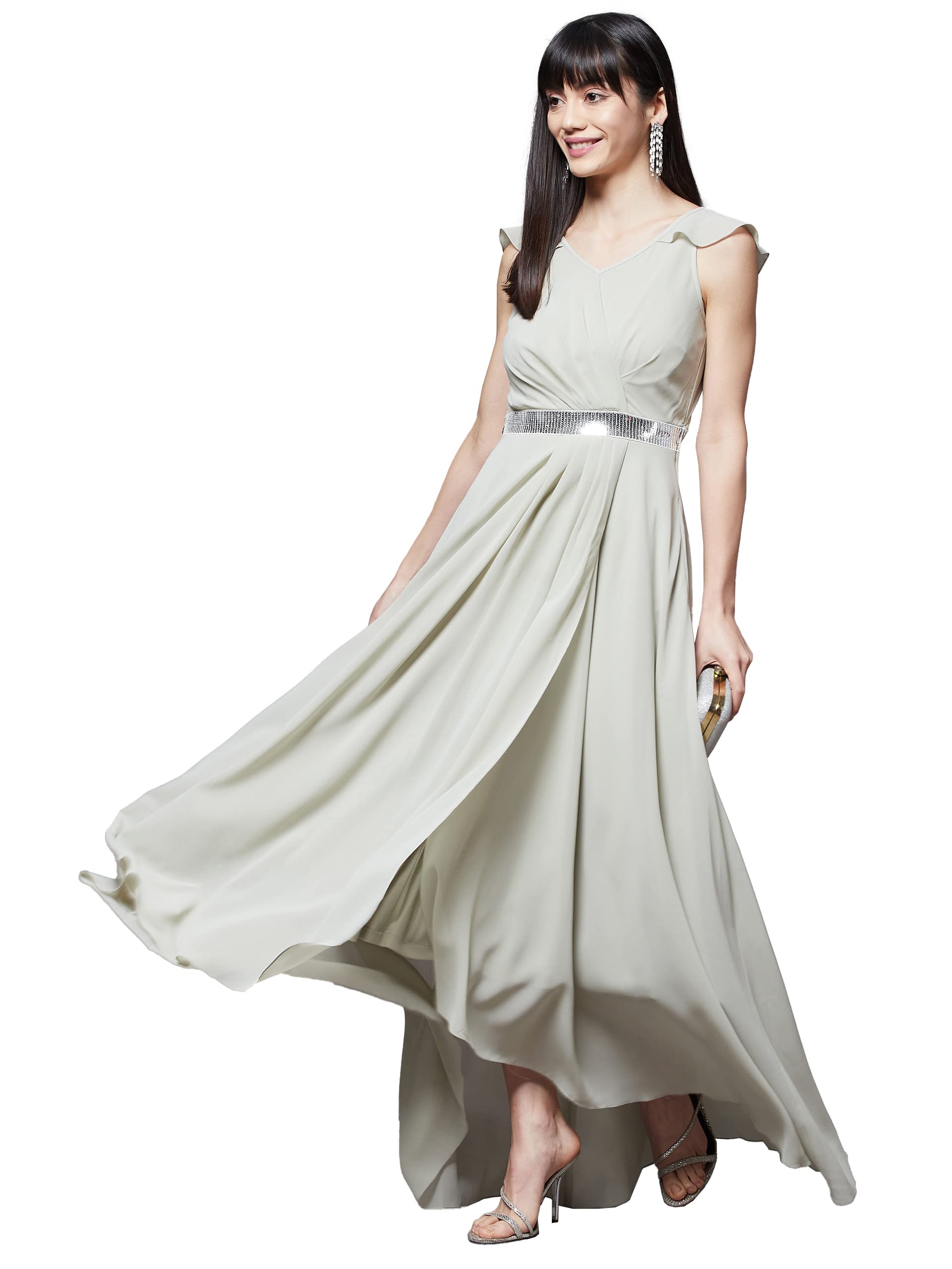 Miss Chase Women's Dusty Green V-Neck Ruffled Sleeve Solid Embellished Maxi  Dress (MCAW21D06-17-238-06, Dusty Green, XL)