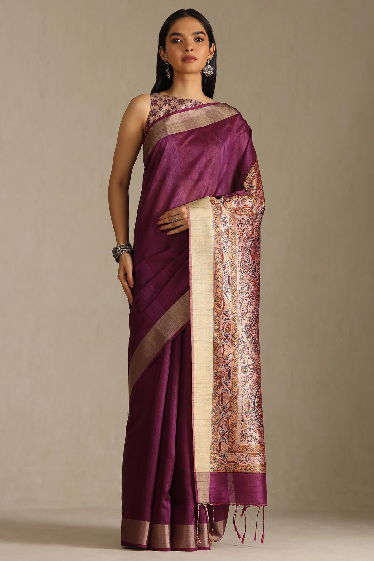Soch Womens Wine Tussar Solid Saree