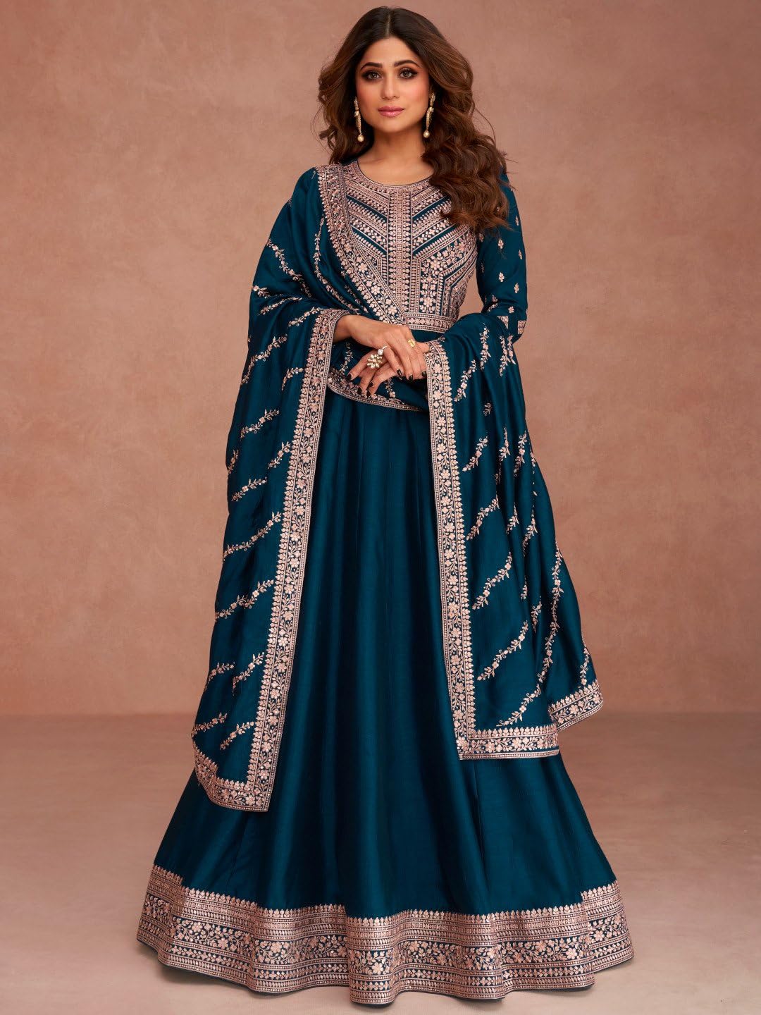Blue Color Anarkali Gown with Dupatta Set for Women, Chinon Silk Fabric || Ethnic Gown (in, Alpha, L, Regular, Blue (Rama))