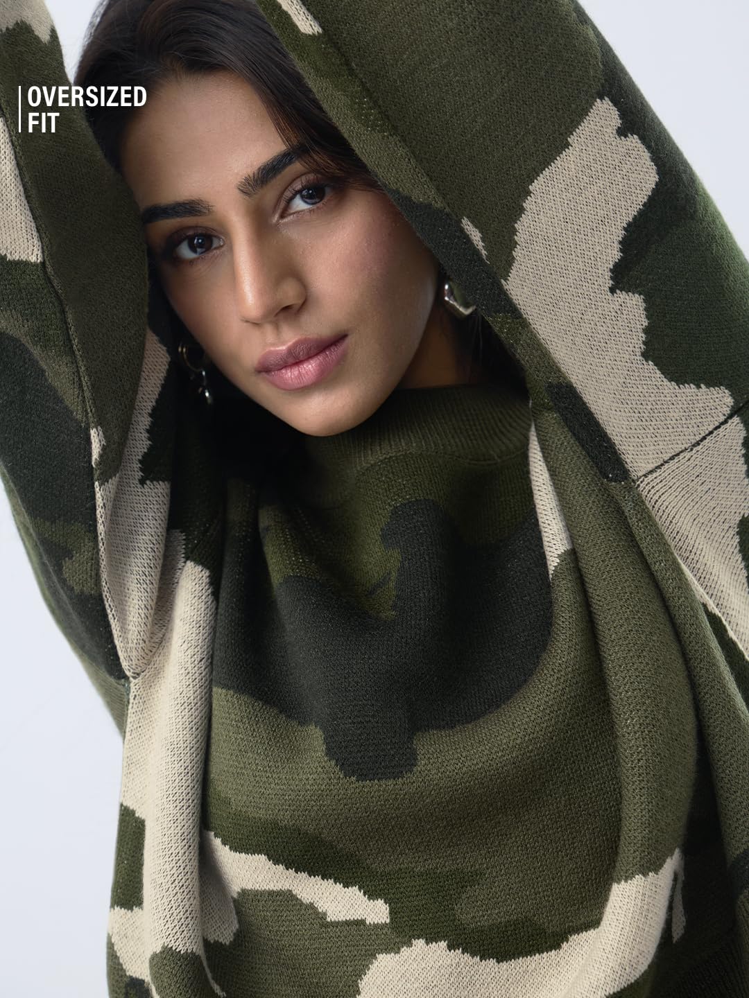 The Souled Store Aspire Women and Girls Full Sleeves Round Neck Multicolor Camouflage Printed Acrylic Oversized Fit Sweater