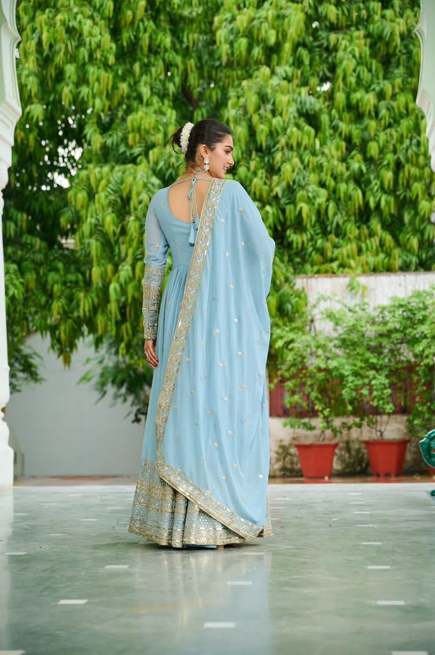 Mehervaa by vinni Women's Anarkali Gown with Dupatta, Sky Blue, Embroidered Golden Border, Long Sleeve, Ethnic (in, Alpha, L, Regular)