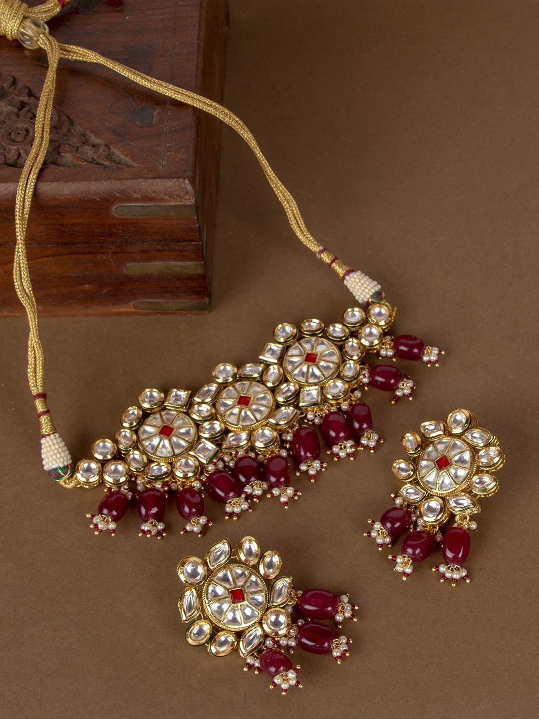 ACCESSHER Gold Plated Traditional Handcrafted Vilandi Kundan and Glass Beads Embellished Necklace Set with Statement Earrings for Women and Girls